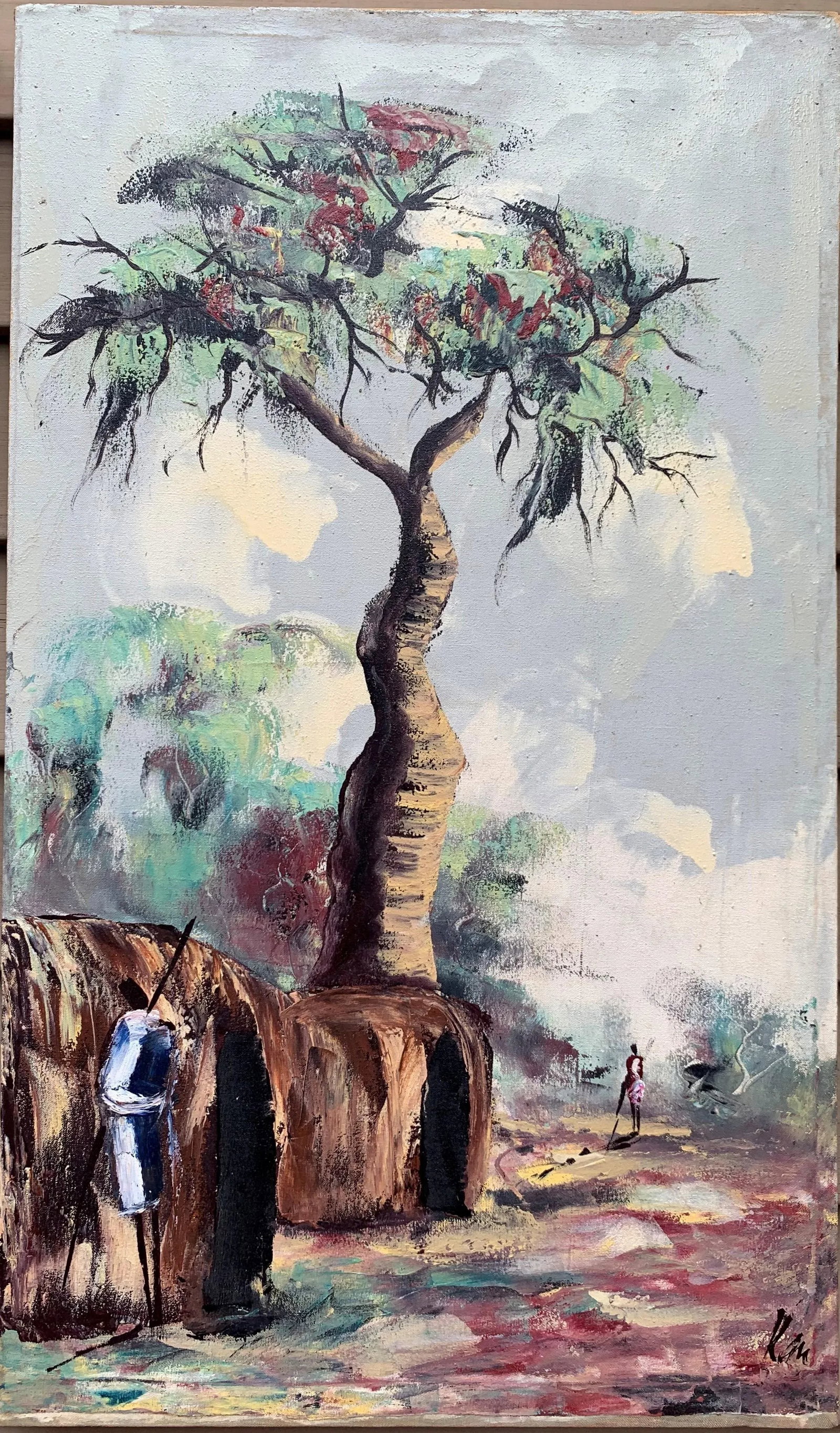 Set of Two Vintage African Oil on Canvas Paintings, Villages With Figures Signed - 2