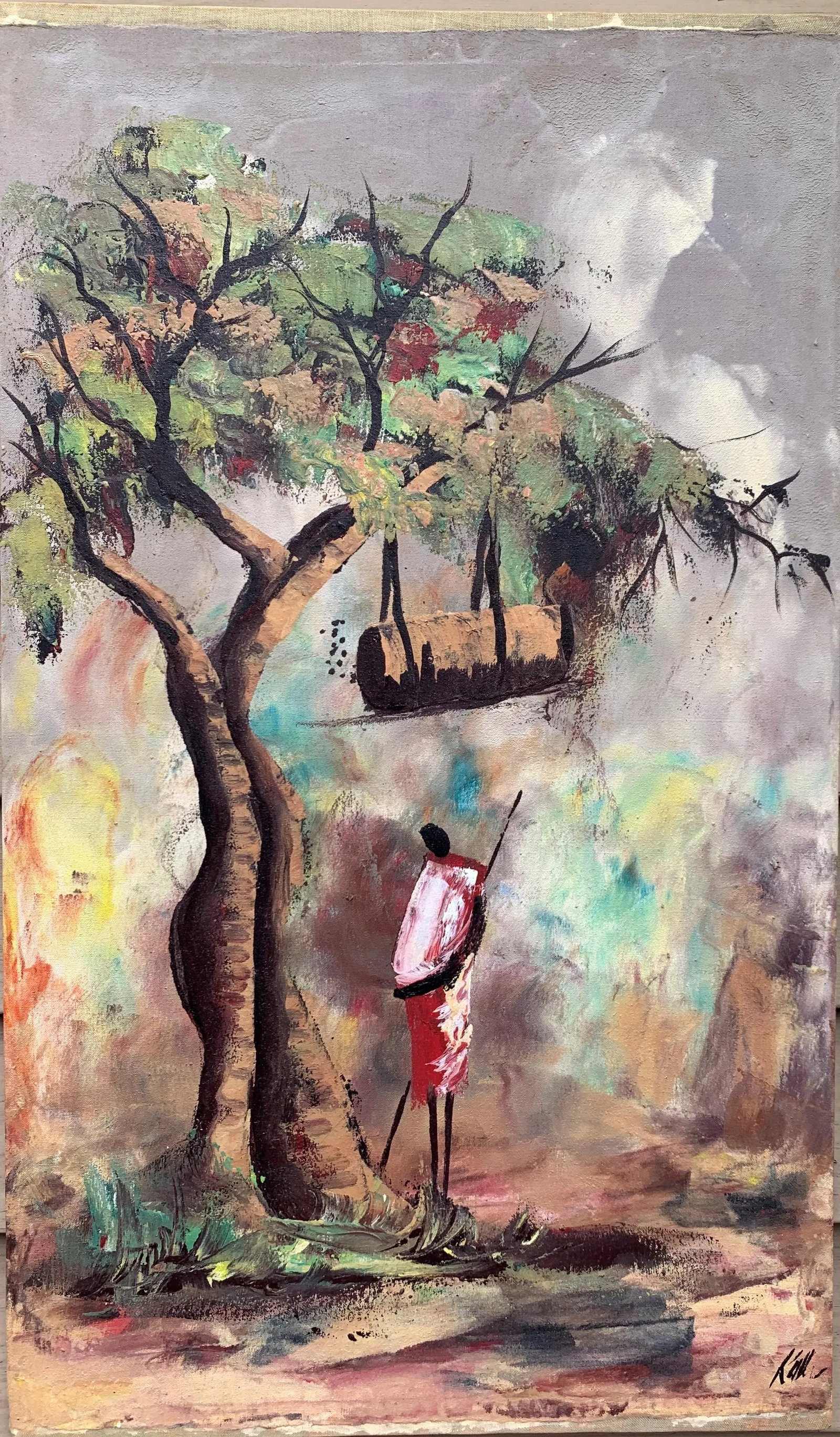 Set of Two Vintage African Oil on Canvas Paintings, Villages With Figures Signed - 3