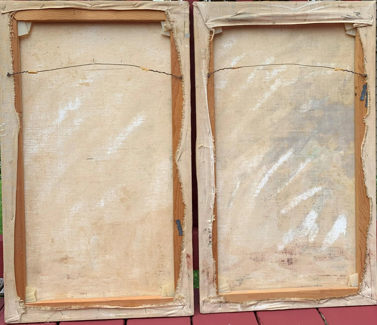 Set of Two Vintage African Oil on Canvas Paintings, Villages With Figures Signed - 7