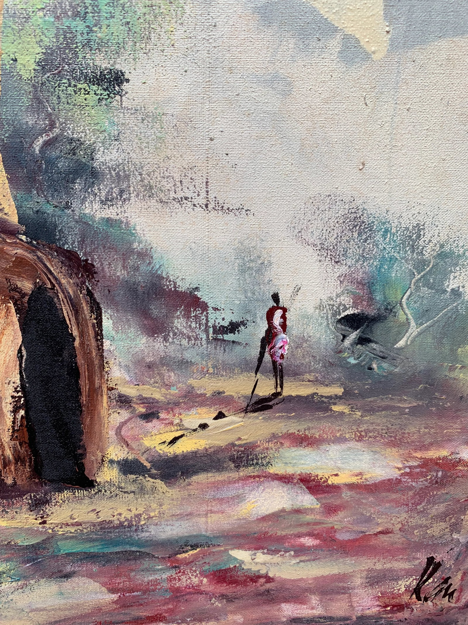 Set of Two Vintage African Oil on Canvas Paintings, Villages With Figures Signed - 8