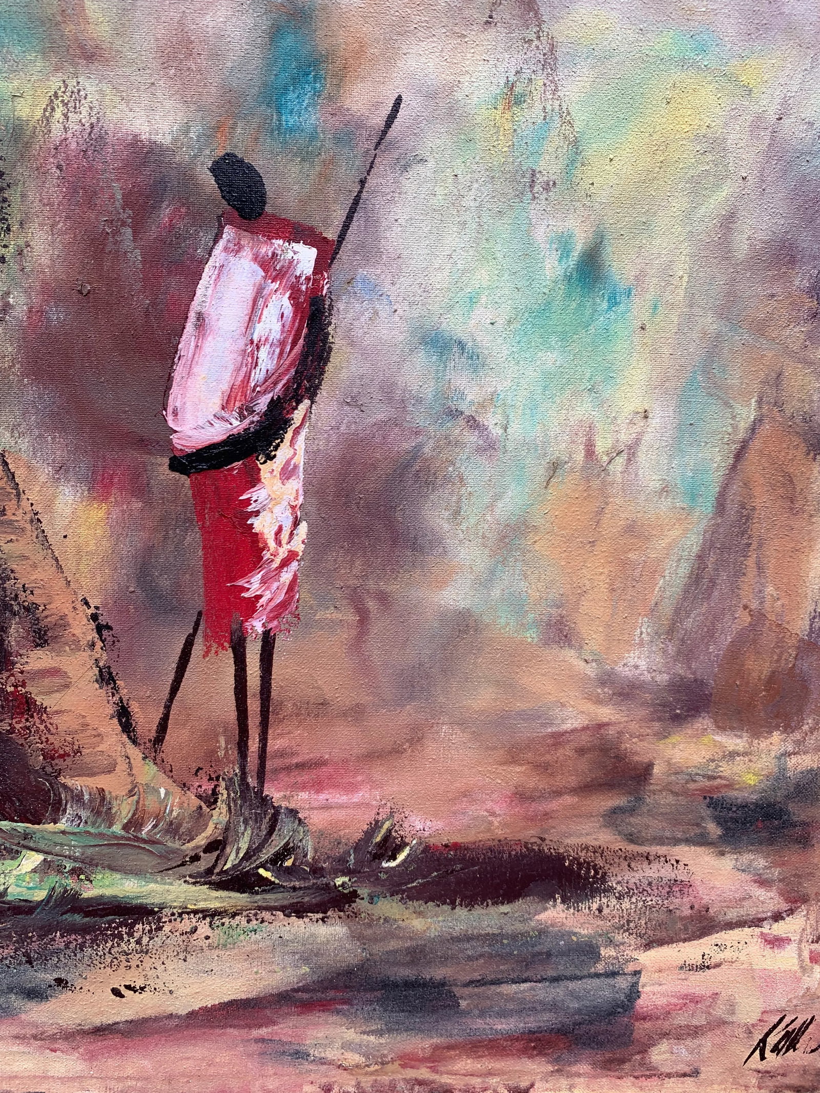 Set of Two Vintage African Oil on Canvas Paintings, Villages With Figures Signed - 9