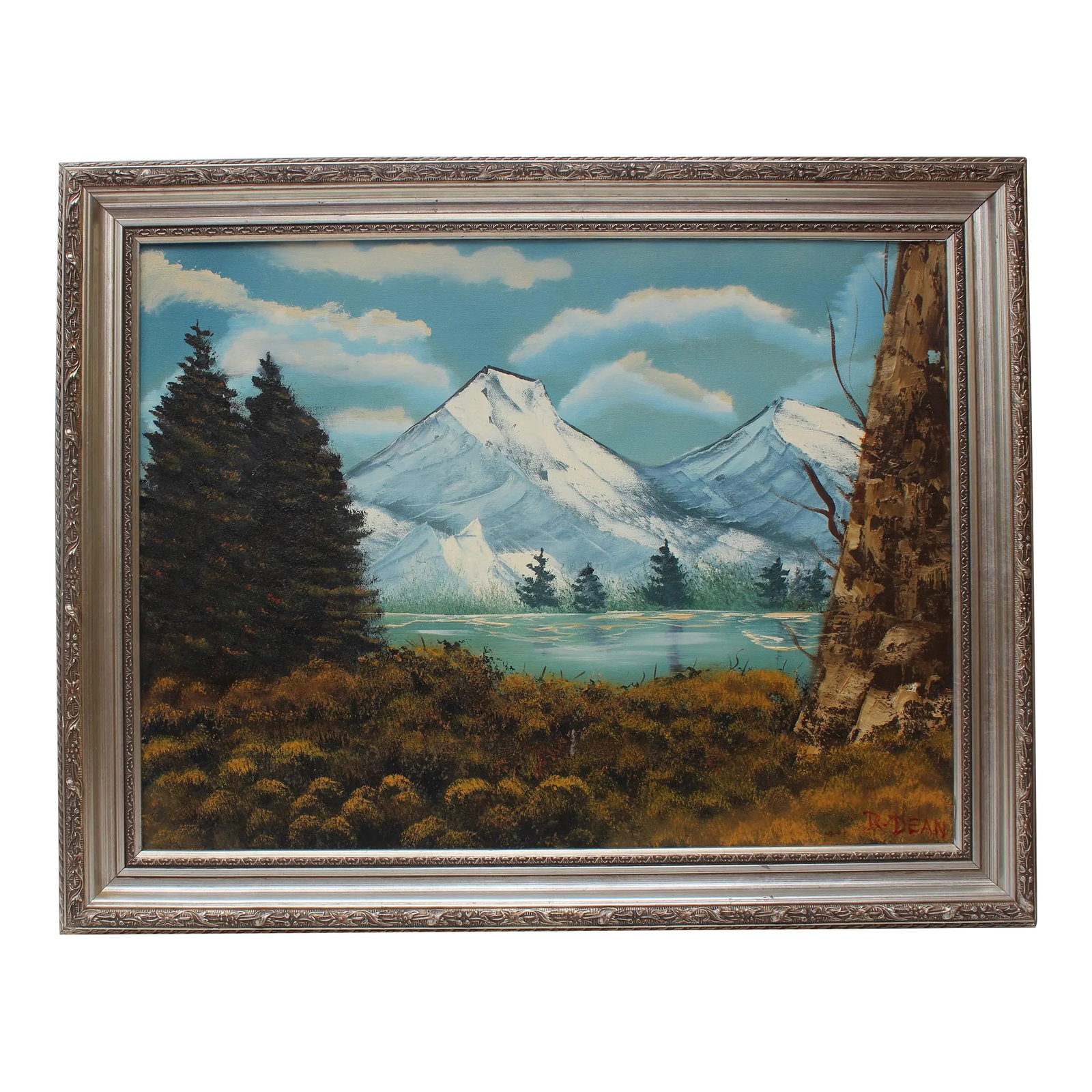 1990s Vintage Oil Painting on Canvas, Landscape, Mountain View, Signed R.Dean,framed: This is a beautiful oil painting on canvas, depicting a landscape with a mountain view, signed in the lower right corner, R Dean. The painting has amazing detail and brush strokes and is in good