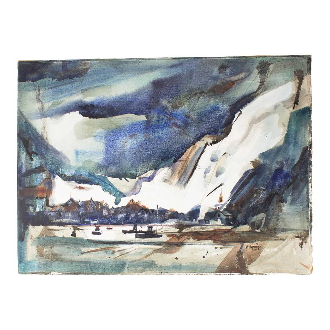 1988 Signed Watercolor Landscape Painting by Virginia Brooks: A 1988 watercolor painting by the American artist Virginia Brooks. The painting depicts city in the mountains with boats in the foreground. Signed to the lower right corner and dated verso, this work 