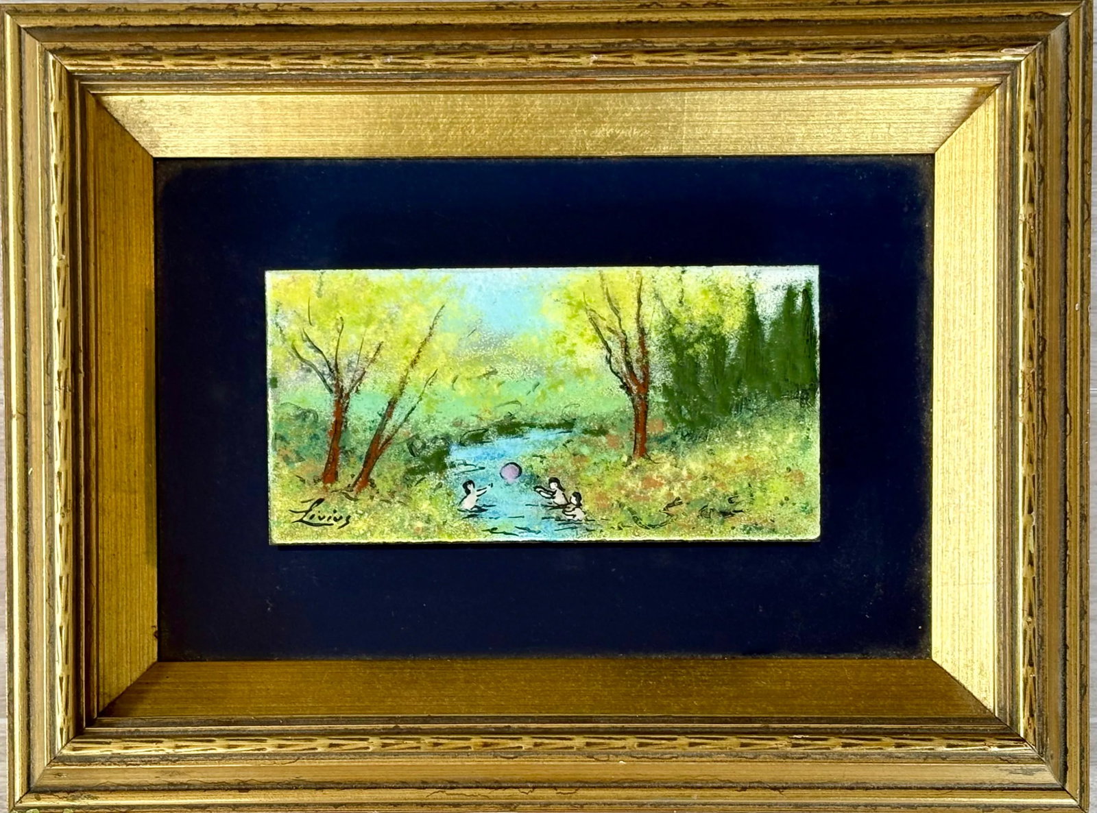 Framed Enamel on Copper Art by Livius Impressionist Style Landscape Children Playing in River, Small: Beautiful Original Wall Art by Italian Artist Livius. Made in Enamel on Copper, this piece features a Pastoral Scene with People (maybe children) playing ball in a river. The piece itself is floating