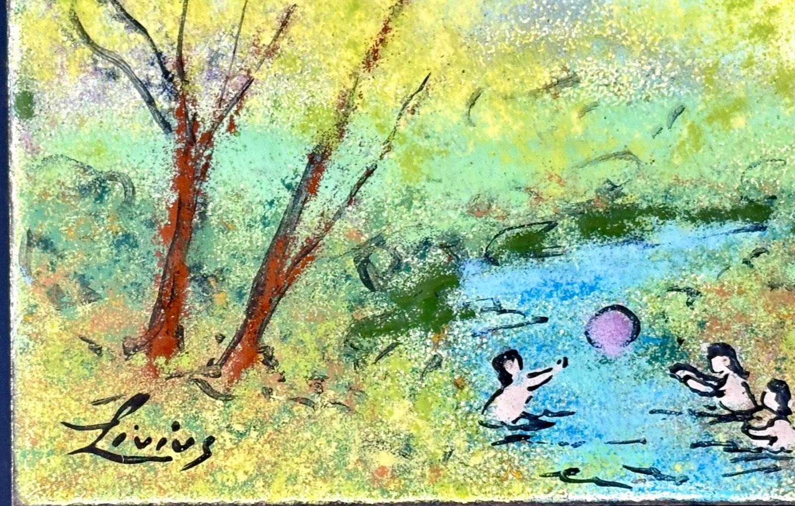 Framed Enamel on Copper Art by Livius Impressionist Style Landscape Children Playing in River, Small - 2
