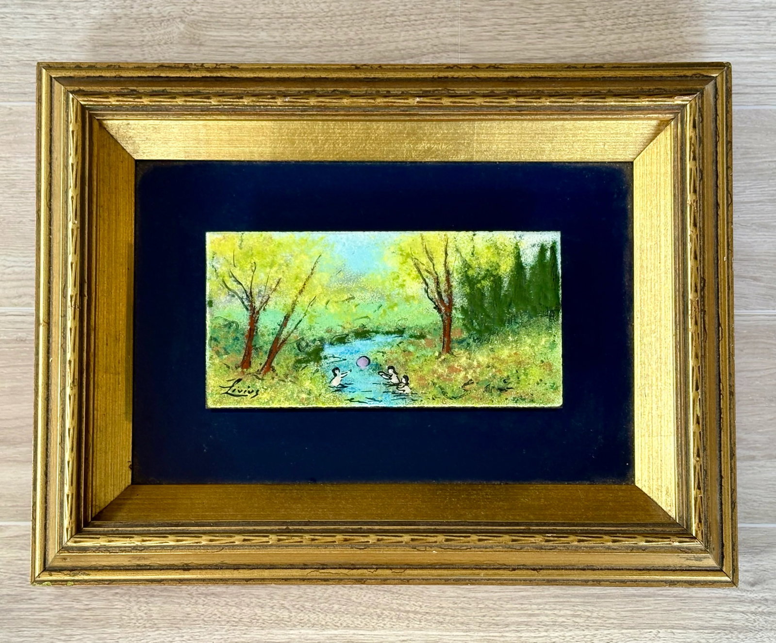 Framed Enamel on Copper Art by Livius Impressionist Style Landscape Children Playing in River, Small - 3
