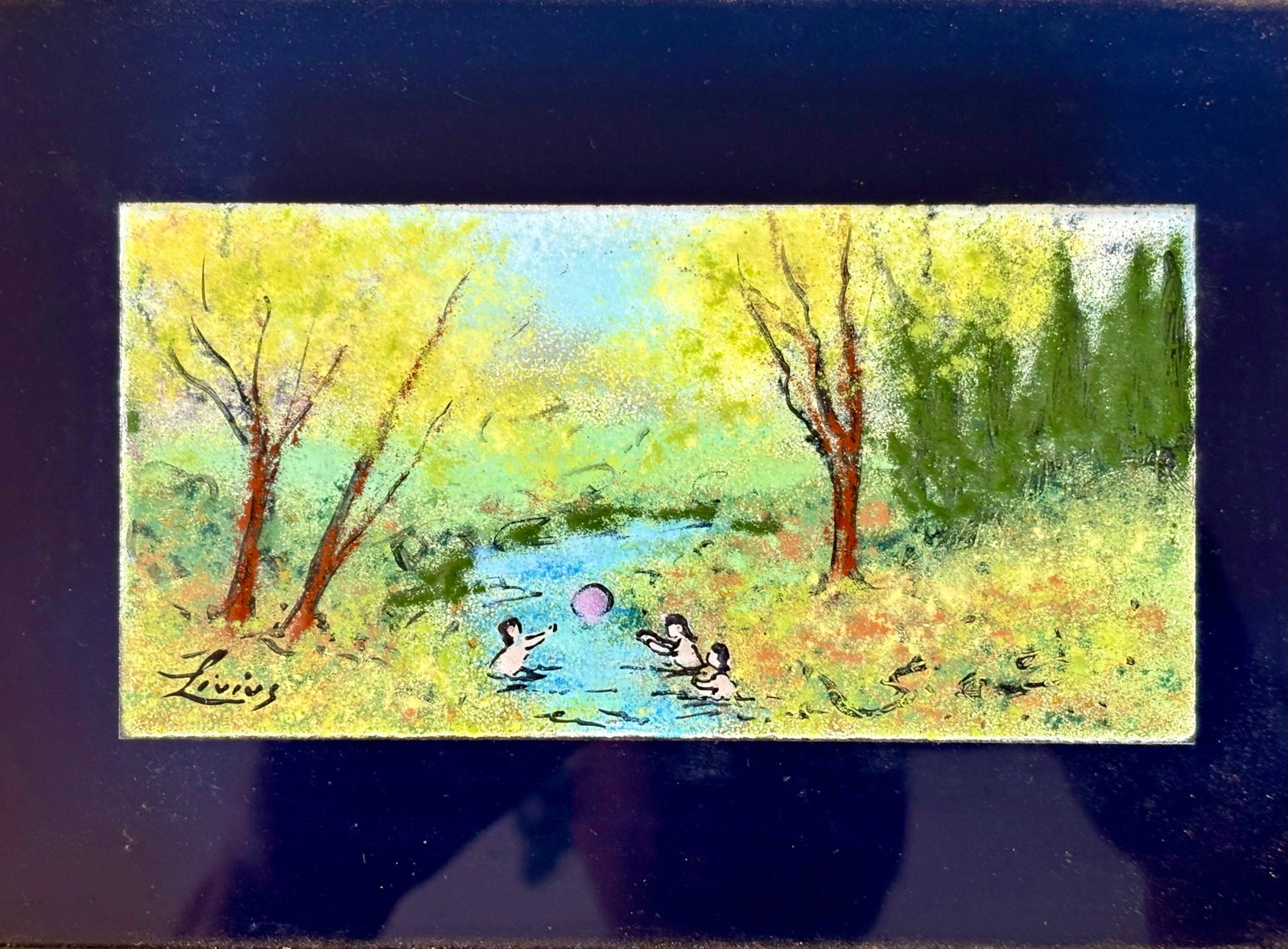Framed Enamel on Copper Art by Livius Impressionist Style Landscape Children Playing in River, Small - 4