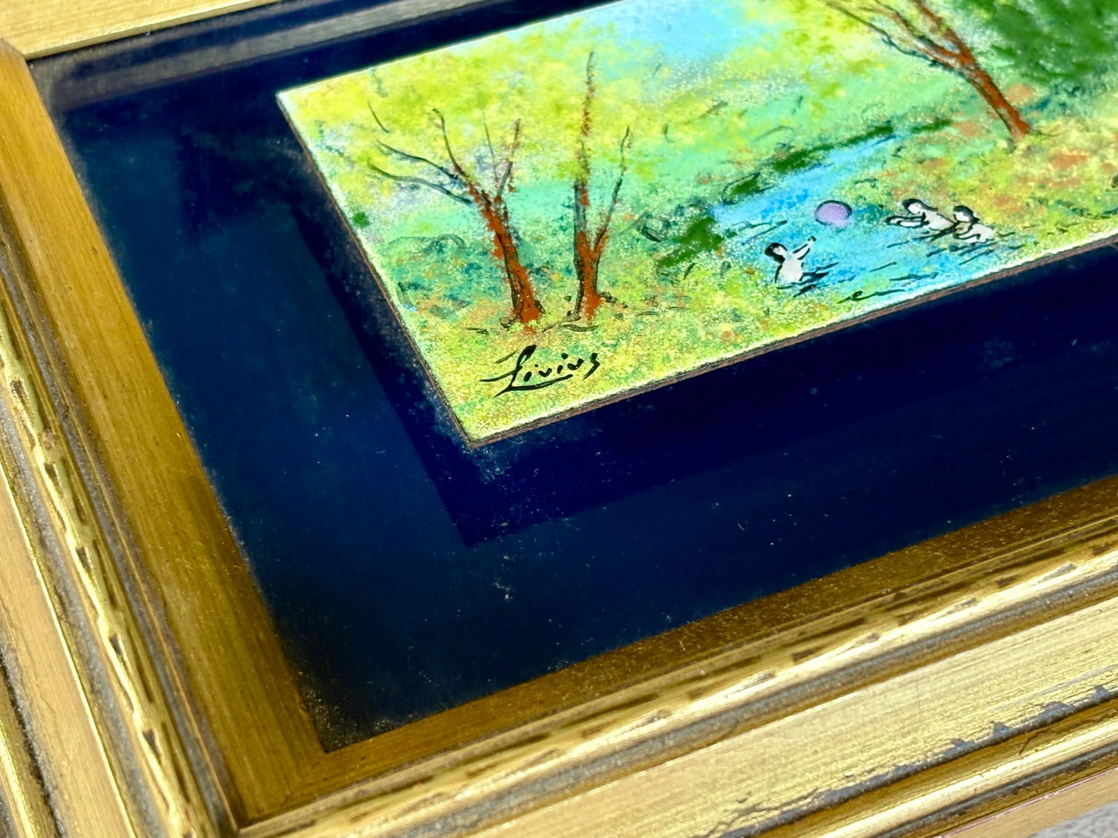 Framed Enamel on Copper Art by Livius Impressionist Style Landscape Children Playing in River, Small - 5