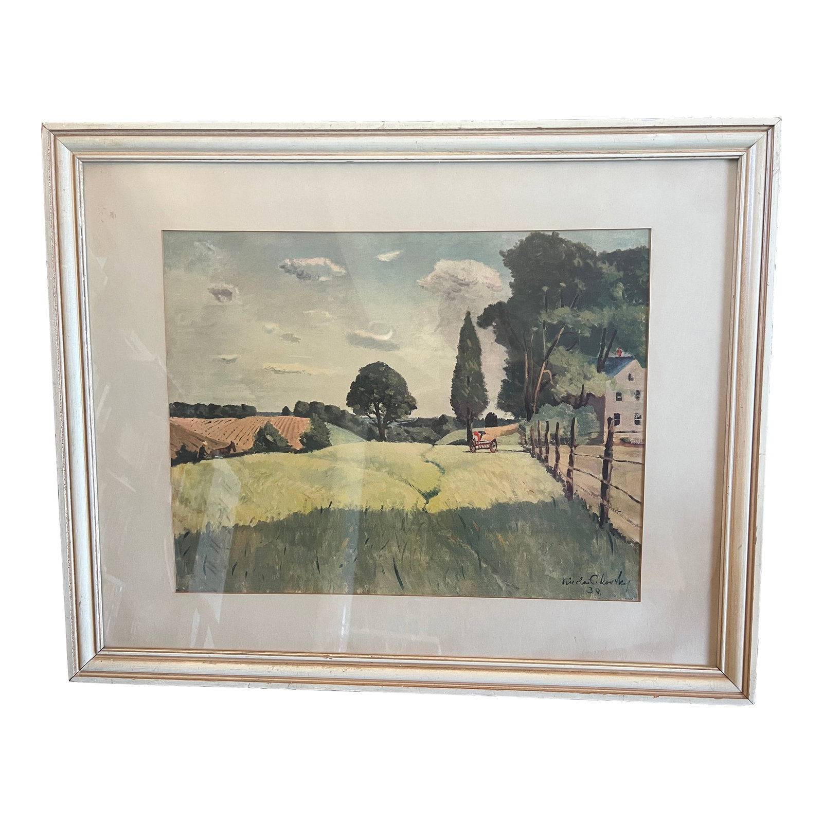 "Springtime in Virginia" by Nicolai Cikovsky, Original Print - Framed: Vintage antique white wood framed landscape farmhouse print titled "Springtime in Virginia" by Nicolai Cikovsky dated 1939. Intact glass and original paint in good shape. Original print details