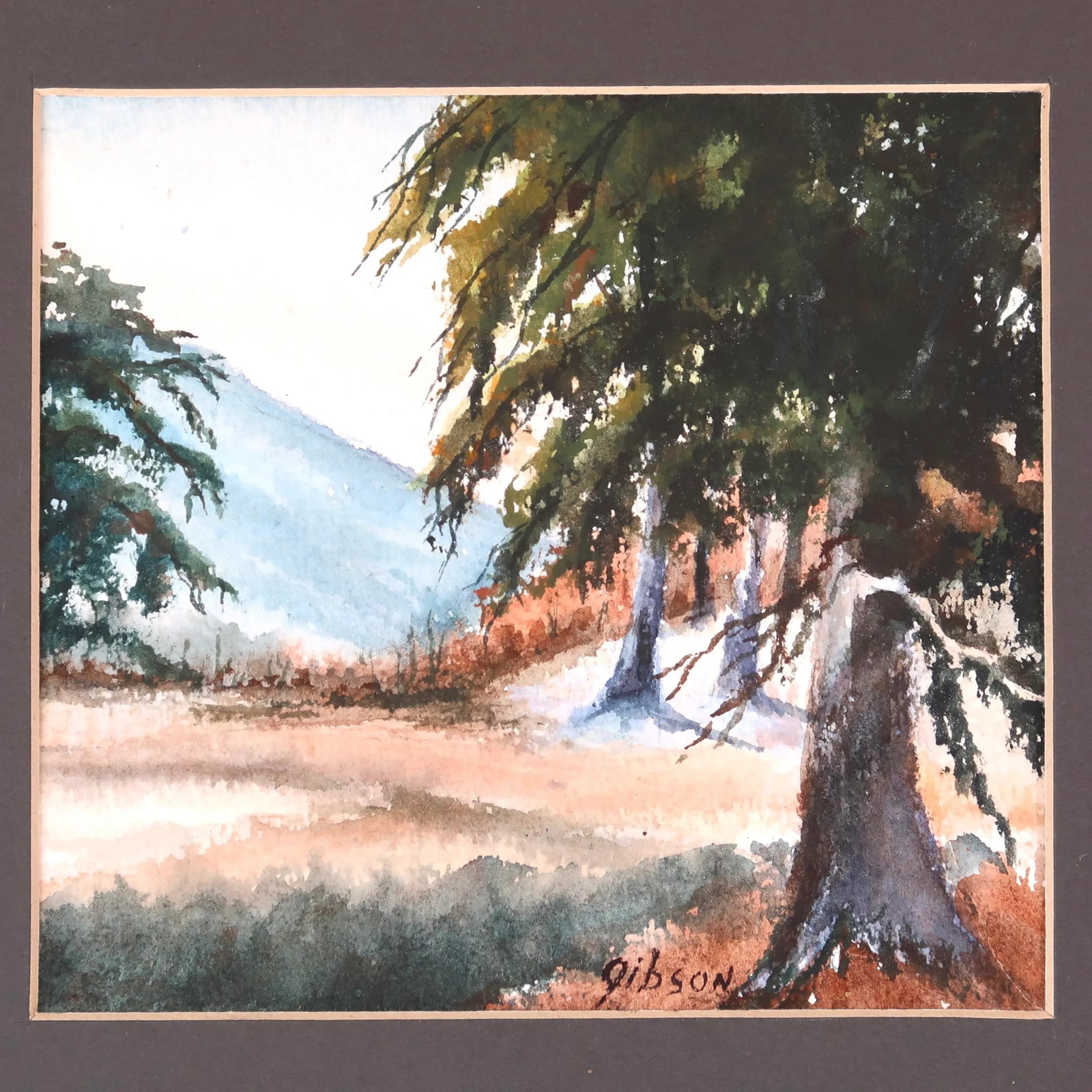 Mid 20th Century Original Matted Signed Watercolor Landscape Painting of Forest Edge With Pine Trees - 4