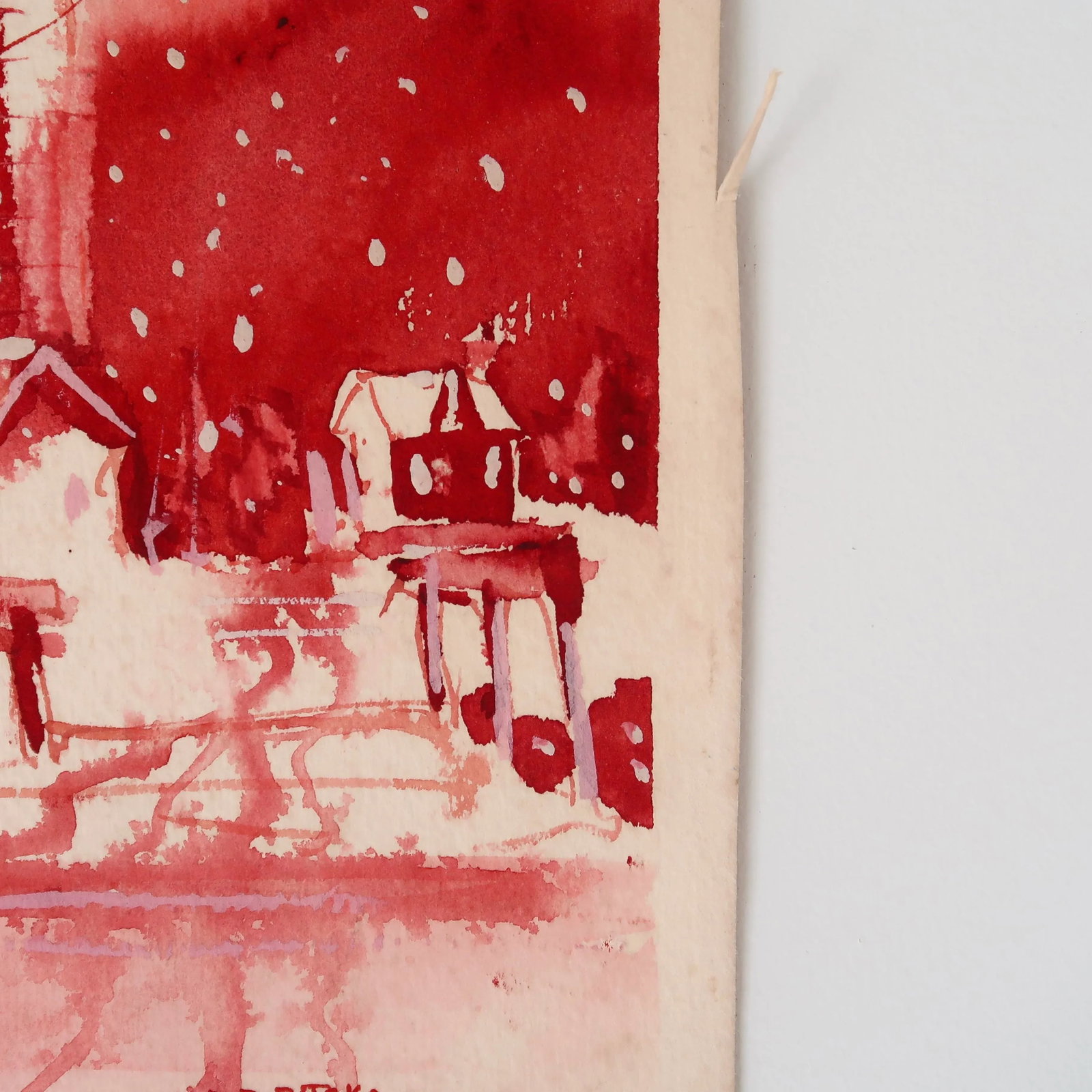 Signed 1985 Original Watercolor Painting on Paper of Red Hues Winter Village Scene - 10