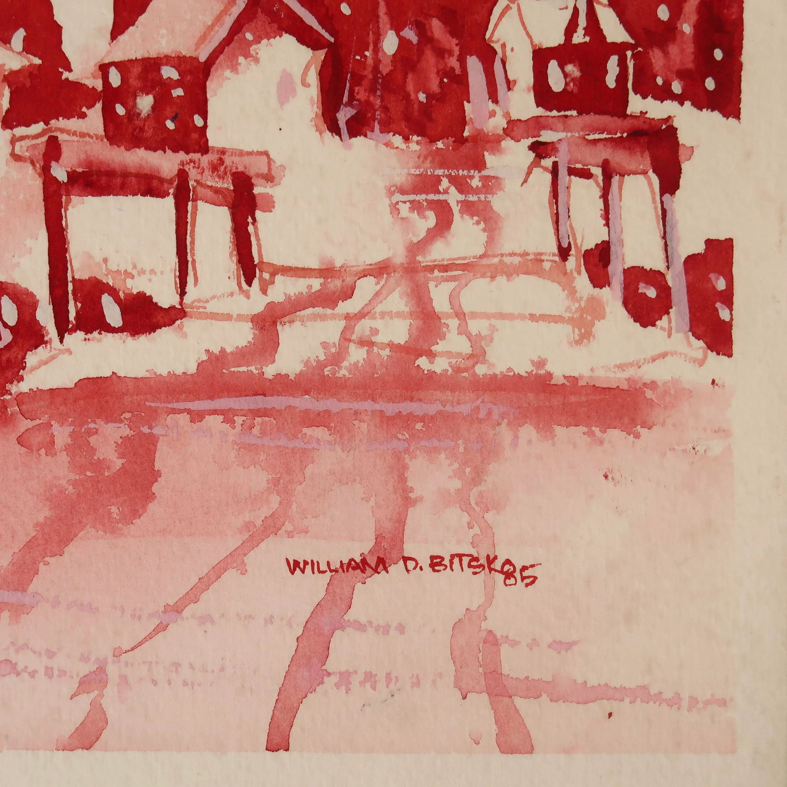 Signed 1985 Original Watercolor Painting on Paper of Red Hues Winter Village Scene - 11