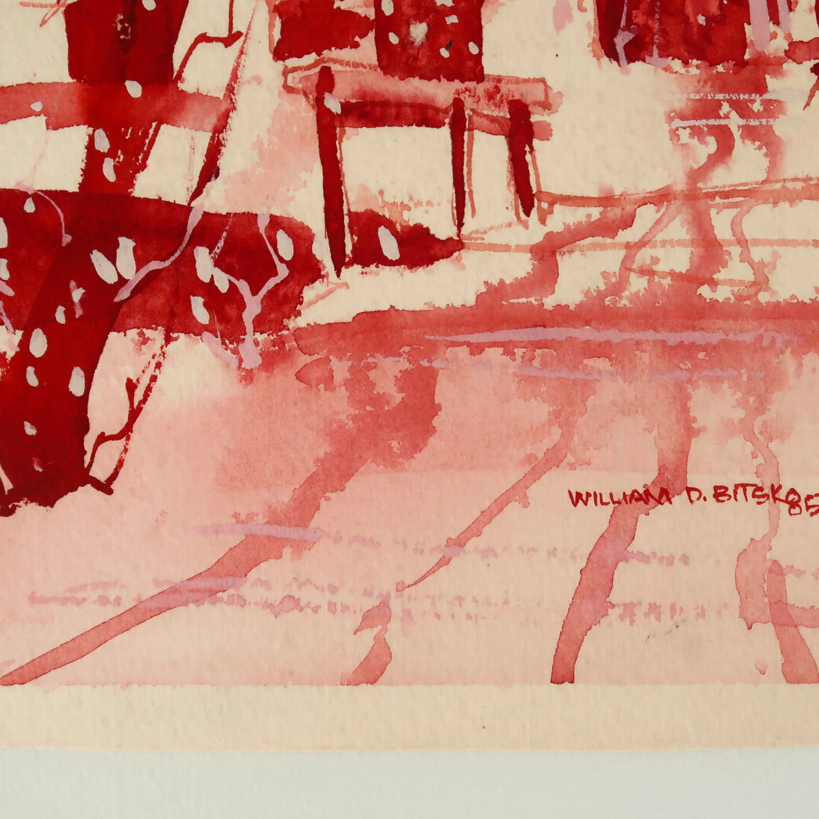 Signed 1985 Original Watercolor Painting on Paper of Red Hues Winter Village Scene - 12