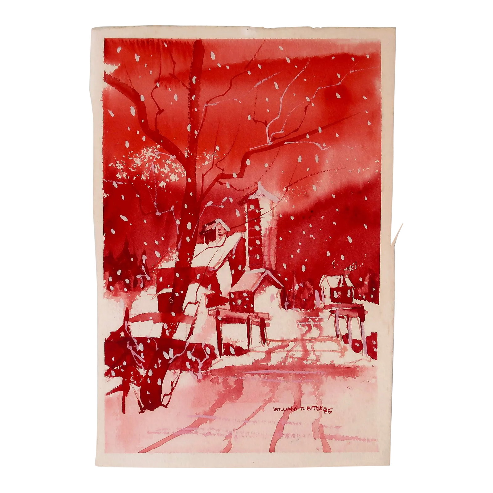 Signed 1985 Original Watercolor Painting on Paper of Red Hues Winter Village Scene: This original watercolor painting by William D. Bitsk, dated 1985, presents a winter village scene rendered entirely in red hues with tonal variations to articulate depth, form, and spatial