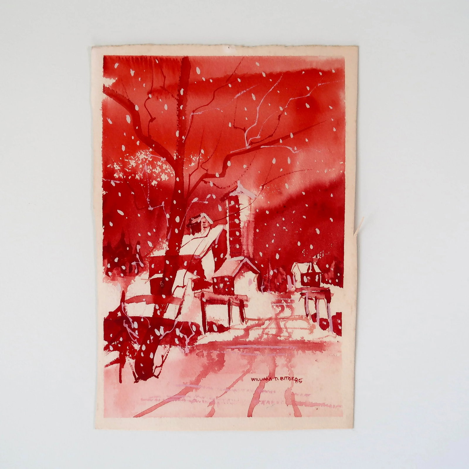 Signed 1985 Original Watercolor Painting on Paper of Red Hues Winter Village Scene - 2