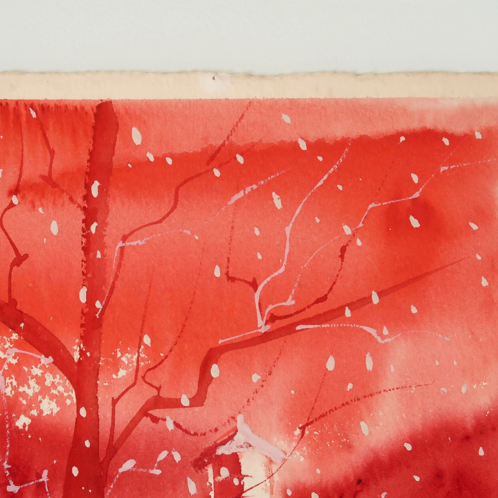 Signed 1985 Original Watercolor Painting on Paper of Red Hues Winter Village Scene - 4