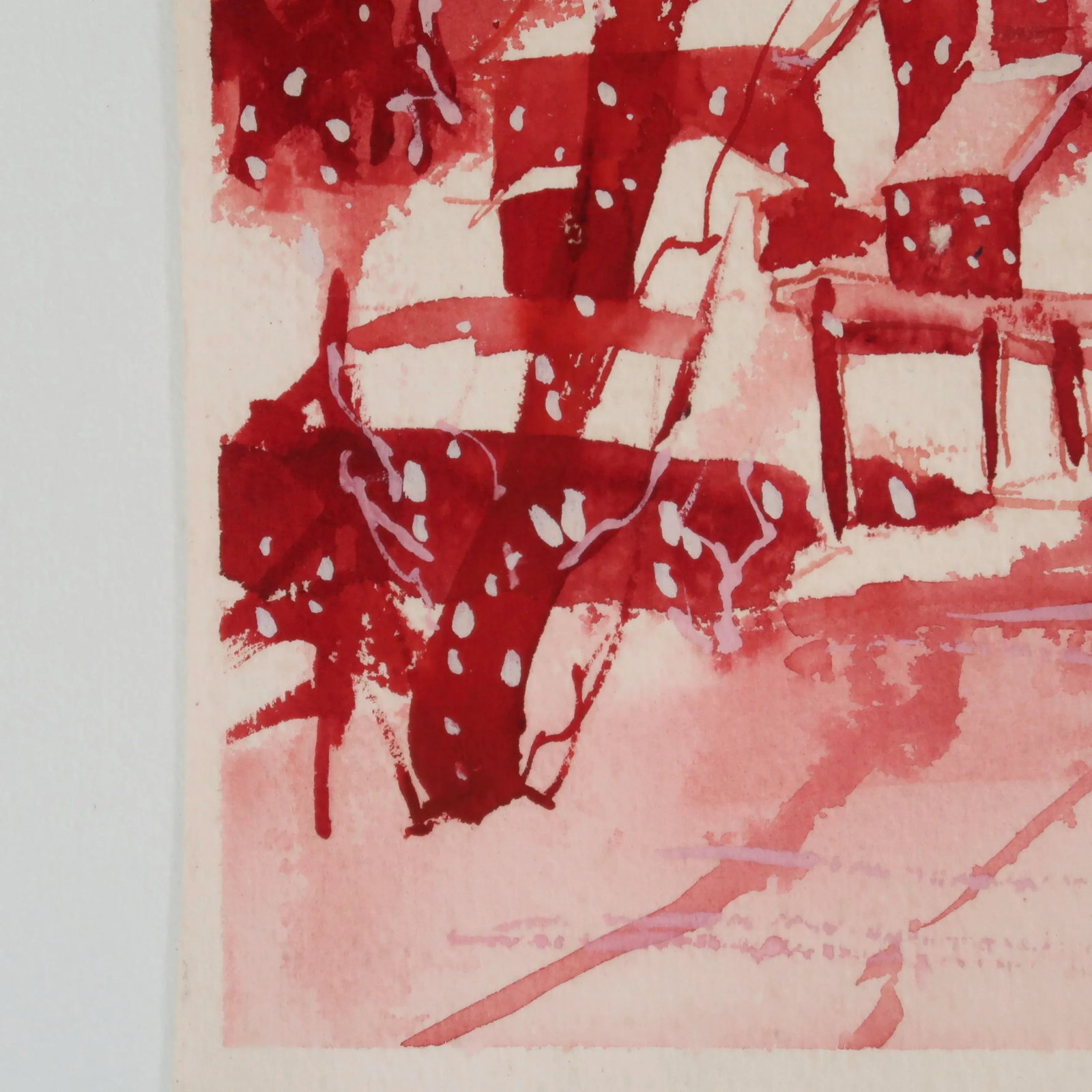 Signed 1985 Original Watercolor Painting on Paper of Red Hues Winter Village Scene - 7