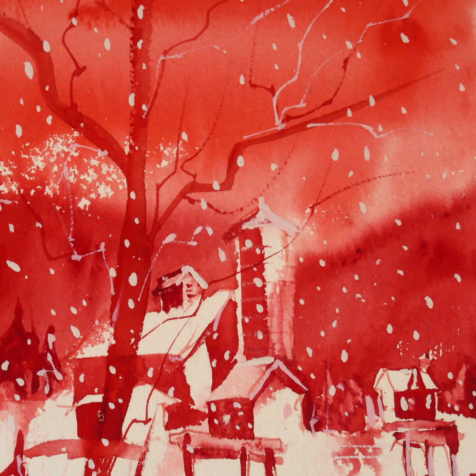 Signed 1985 Original Watercolor Painting on Paper of Red Hues Winter Village Scene - 8