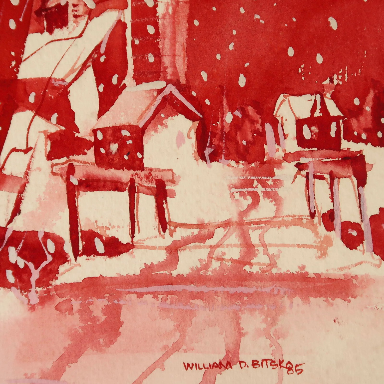 Signed 1985 Original Watercolor Painting on Paper of Red Hues Winter Village Scene - 9