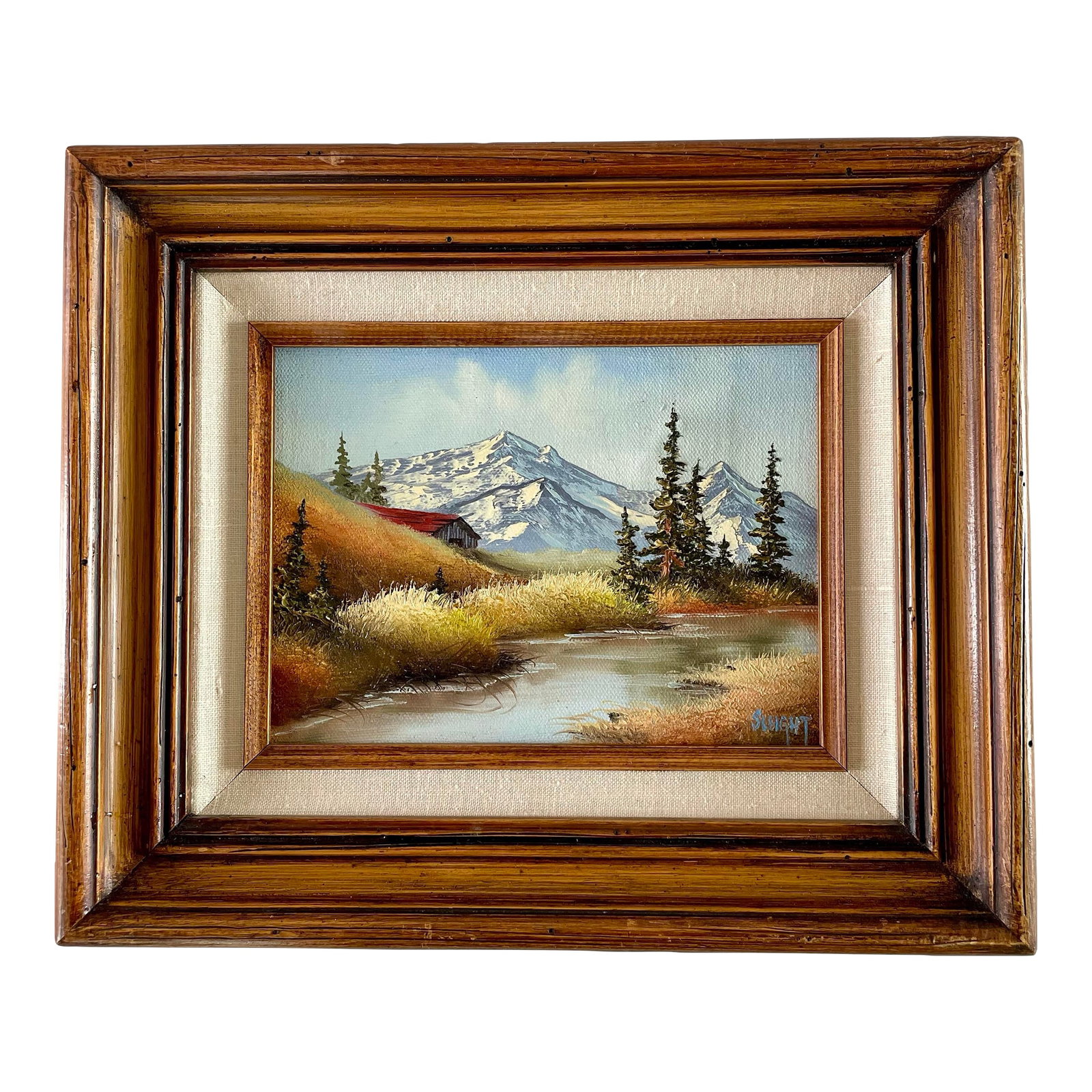 Late 20th Century Judy Sleight Signed Framed Oil on Canvas PNW Landscape: A signed and framed vintage landscape oil painting of a Pacific Northwest mountain scene featuring water, snowy mountains and pine trees. Judy Sleight was an artist known for oil paintings, often