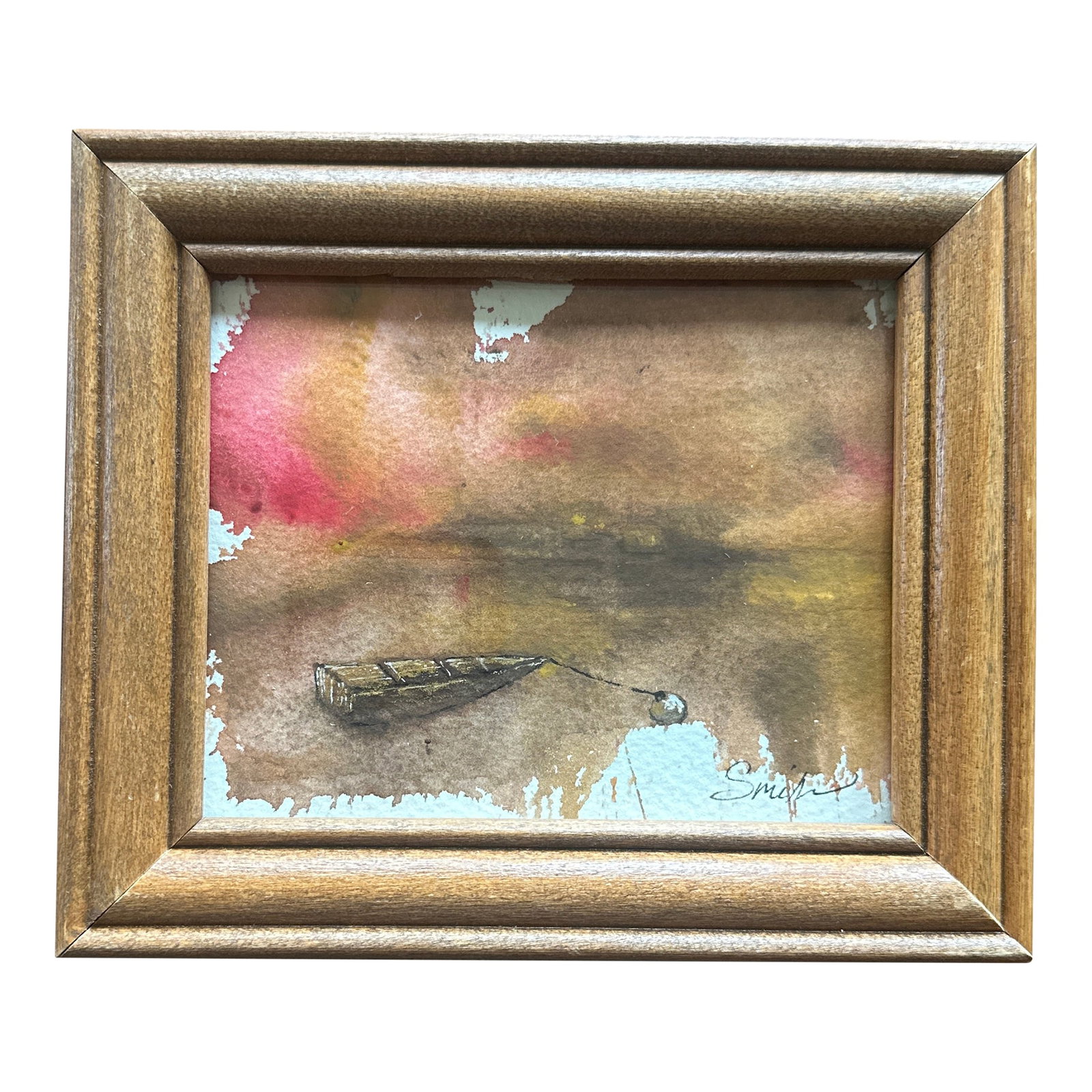 "Stillness at Twilight" Signed Original Watercolor Landscape by Nancy Smith: A quiet, meditative scene of a lone boat gently tethered to a buoy at the water's edge. Rich, earthy tones blend into a muted sunset sky with subtle red and gold reflections. The distressed paper