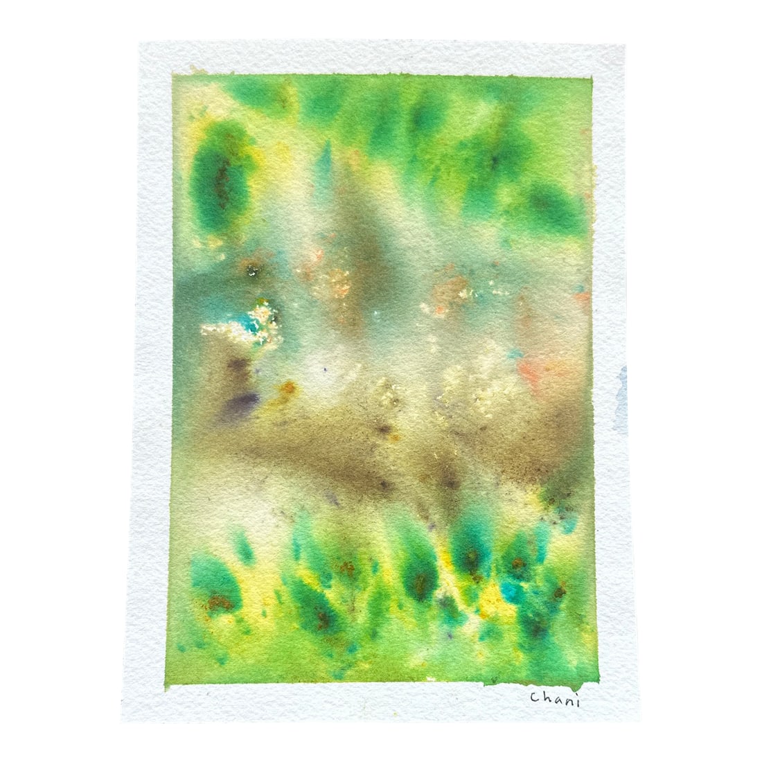 "Forest Mist" Signed Original Watercolor Abstract by Chani MacKay: Rich greens and earthy browns mingle with soft blues and shimmering whites in this nature-inspired piece. It captures the feeling of a lush forest floor just after the rain, with subtle textures that