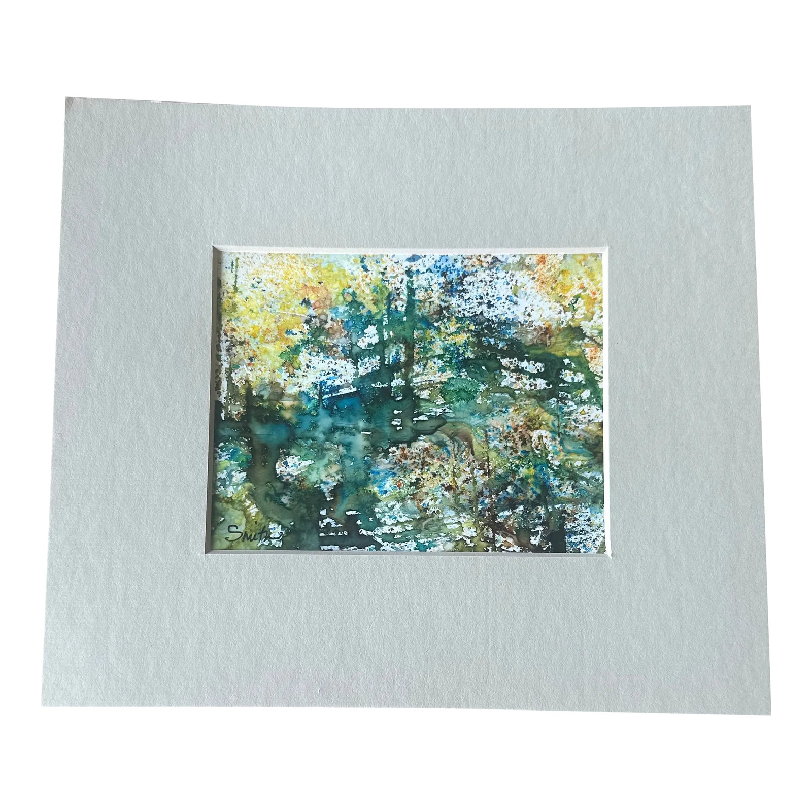 Signed Original Watercolor Landscape Painting "Sunlit Forest": This original watercolor painting captures the beauty of a lush, sunlit forest with rich greens, warm golden tones, and deep blues. The abstract yet impressionistic style evokes the feeling of a
