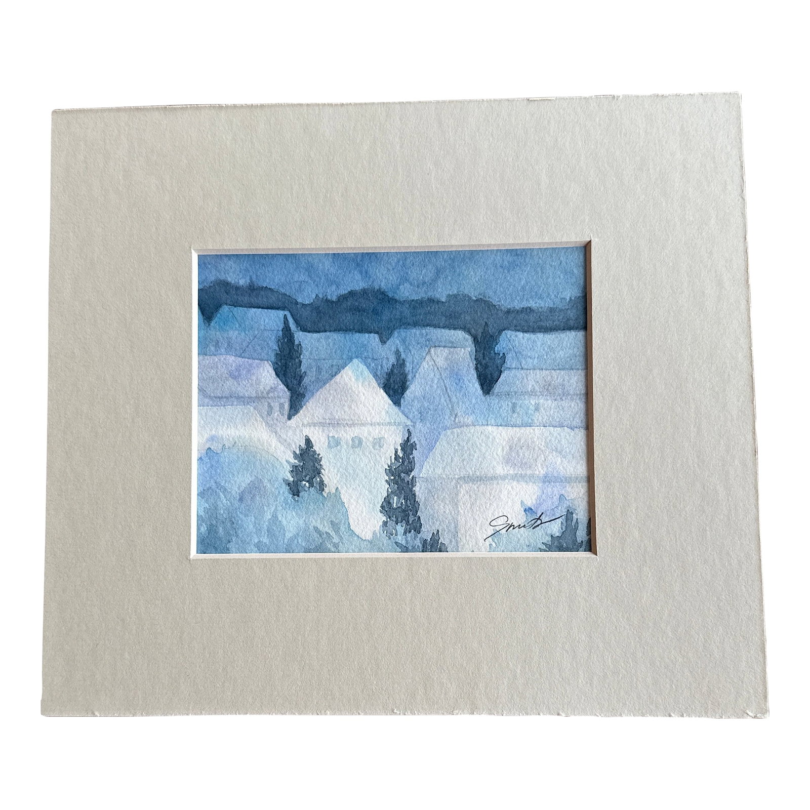 Signed Original Matted Watercolor Painting "Early Morning": This piece features a serene landscape of houses with a cool, muted color palette dominated by shades of blue and gray. The rooftops and trees are softly blended, creating a calm, almost misty