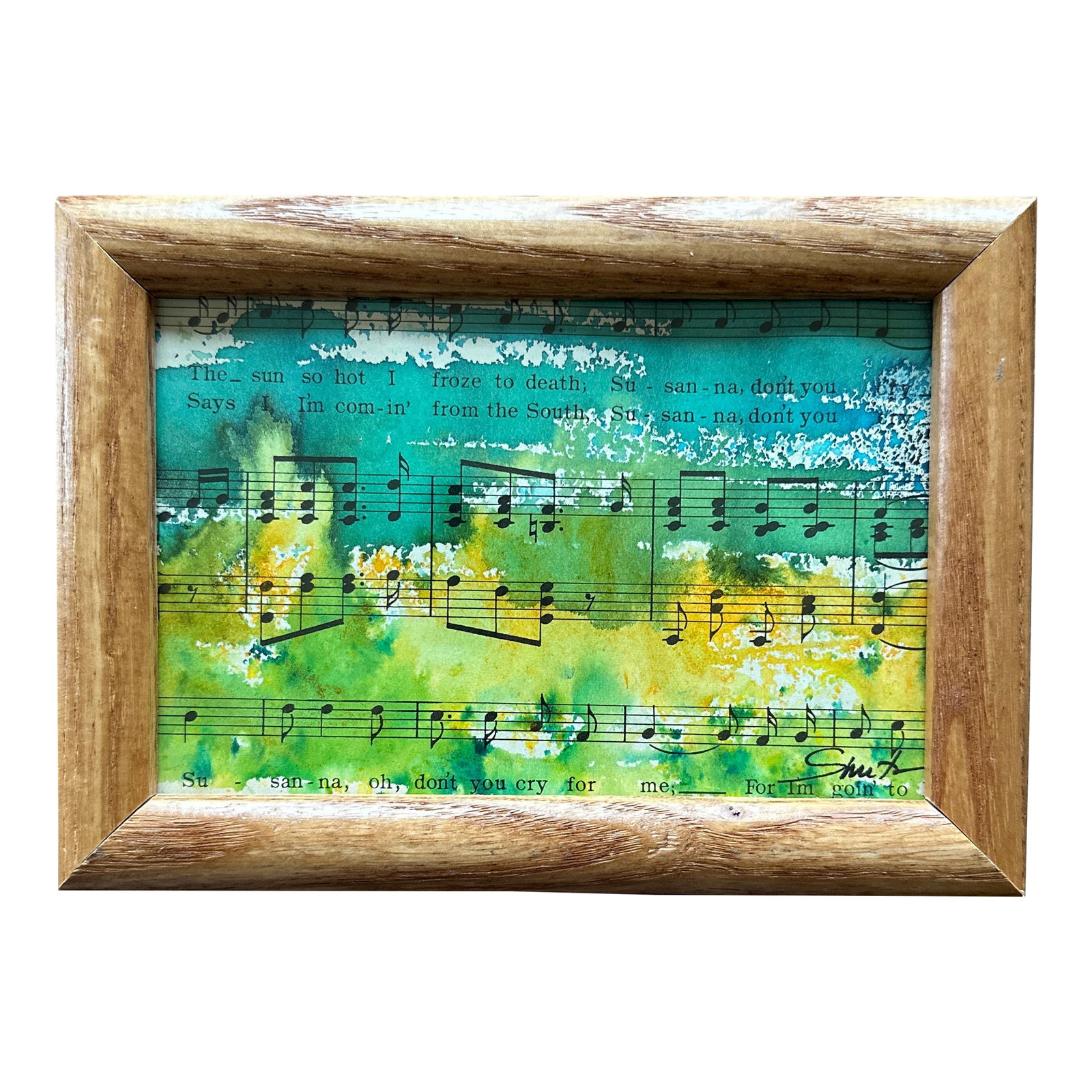 "Blooming Melody" Framed Signed Original Watercolor on Vintage Sheet Music: This one-of-a-kind piece features an abstract watercolor landscape painted directly over vintage sheet music. The vibrant greens and warm yellows blend harmoniously with subtle hints of blue, giving t