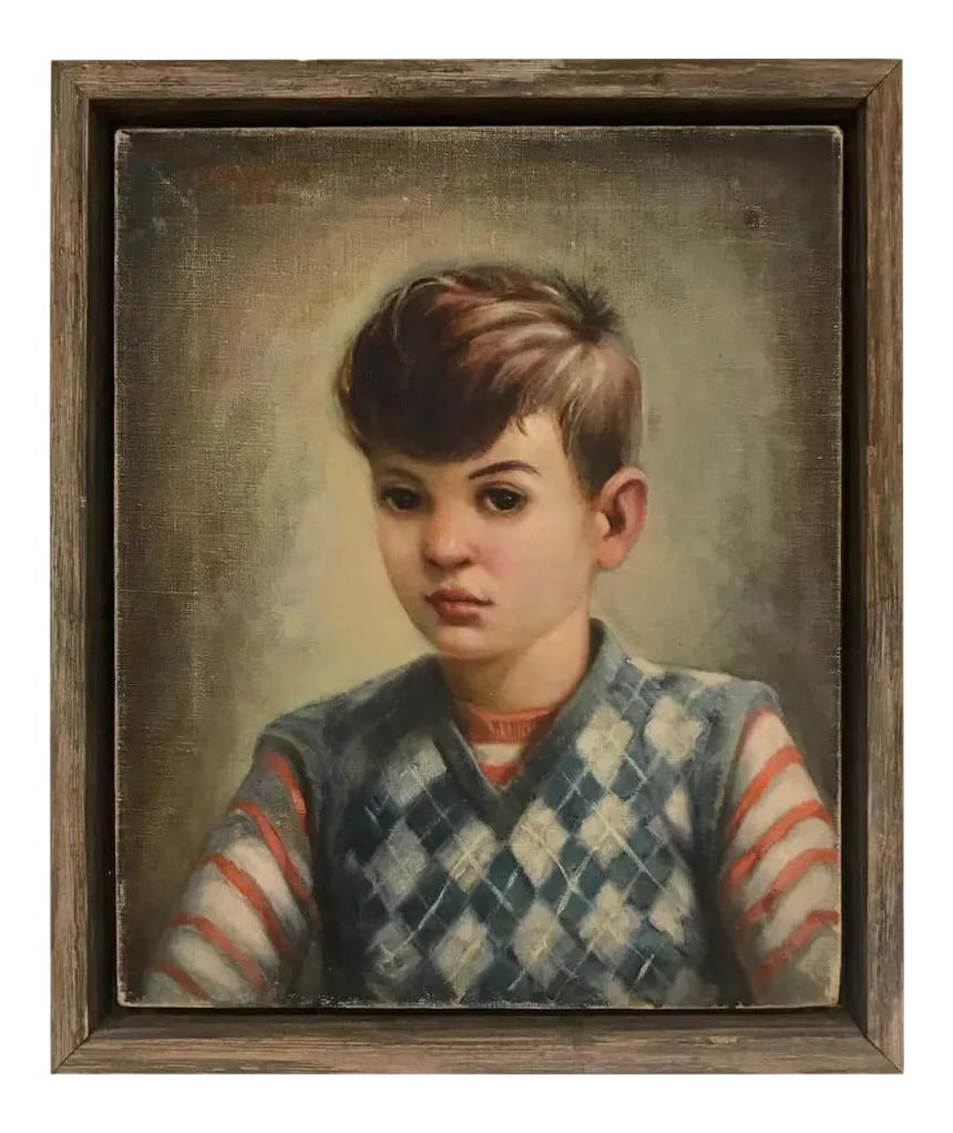 Portrait of Boy in Blue Argyle Sweater Oil Painting by Robert Rukavina: Vintage portrait of a young boy wearing a striped red shirt with blue argyle sweater. Oil on canvas painting by artist Robert Rukavina (1914 - 1977), who lived in the United States and is known for hi