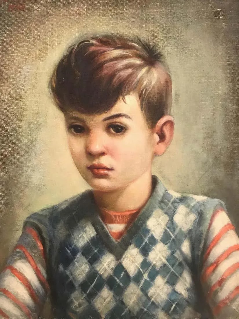 Portrait of Boy in Blue Argyle Sweater Oil Painting by Robert Rukavina - 4