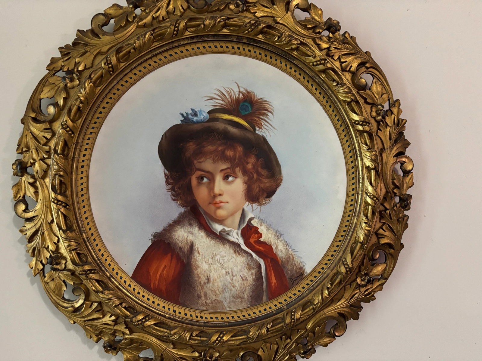 Rare 19th C. Hand-Painted Porcelain Child Portrait in Round Gilt Frame, KPM Style - Artist Signed "D - 11