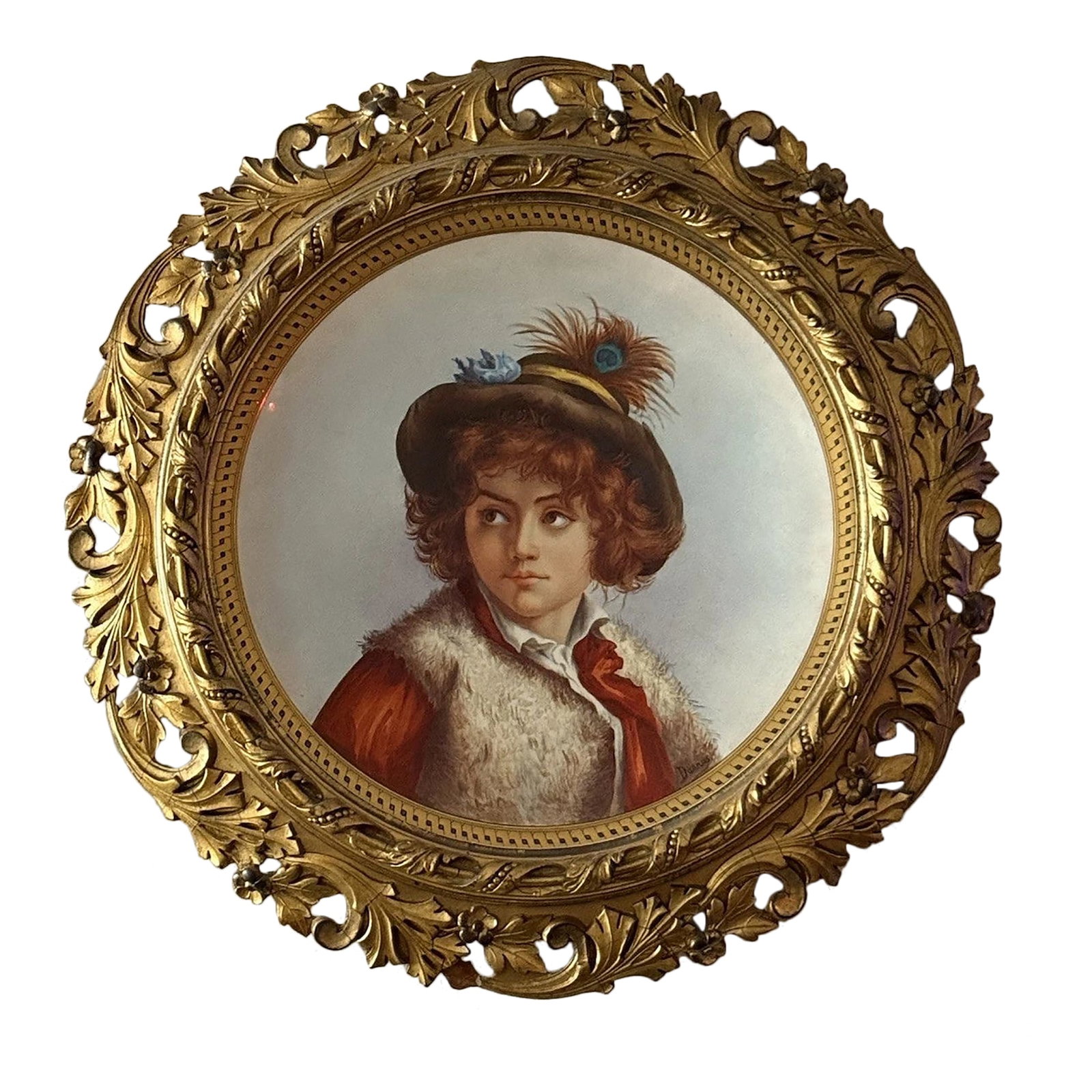 Rare 19th C. Hand-Painted Porcelain Child Portrait in Round Gilt Frame, KPM Style - Artist Signed "D (1 of 11)