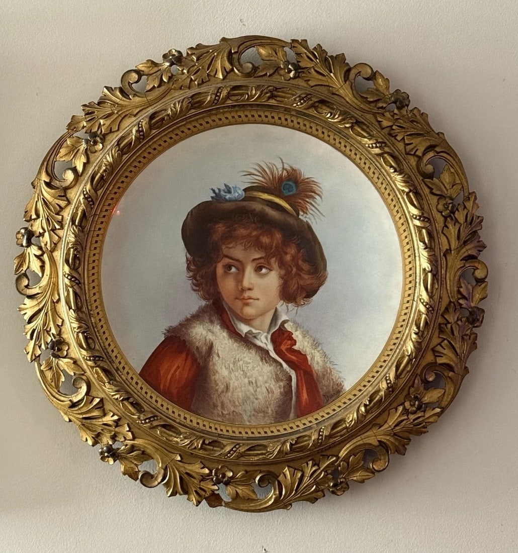 Rare 19th C. Hand-Painted Porcelain Child Portrait in Round Gilt Frame, KPM Style - Artist Signed "D - 2