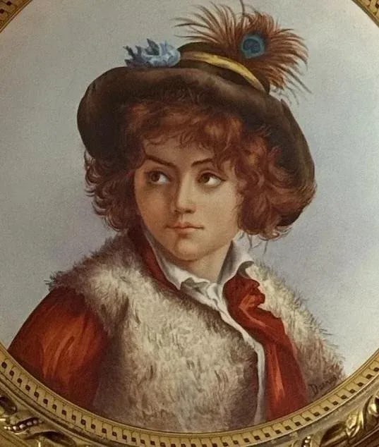 Rare 19th C. Hand-Painted Porcelain Child Portrait in Round Gilt Frame, KPM Style - Artist Signed "D - 3