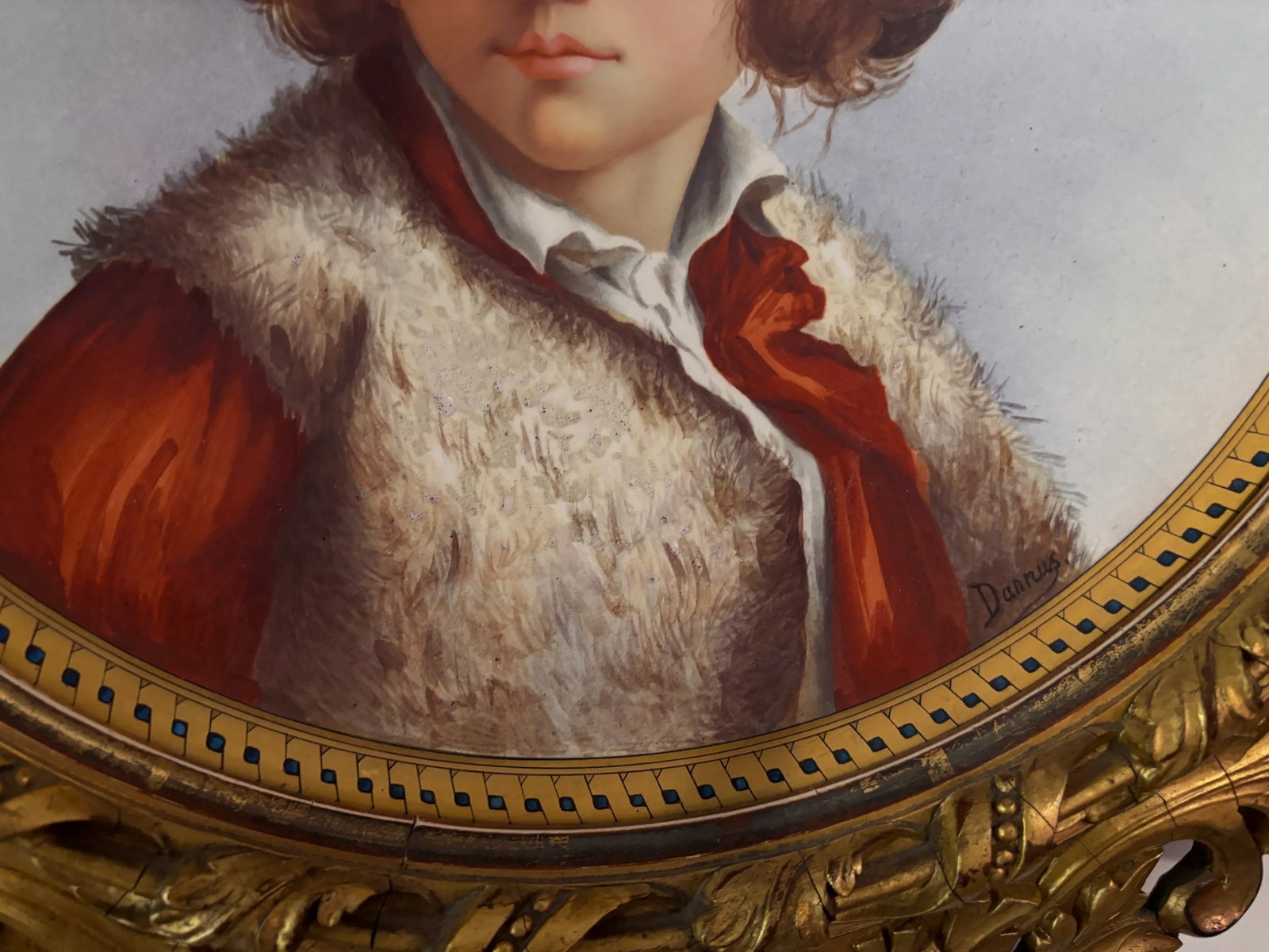 Rare 19th C. Hand-Painted Porcelain Child Portrait in Round Gilt Frame, KPM Style - Artist Signed "D - 5