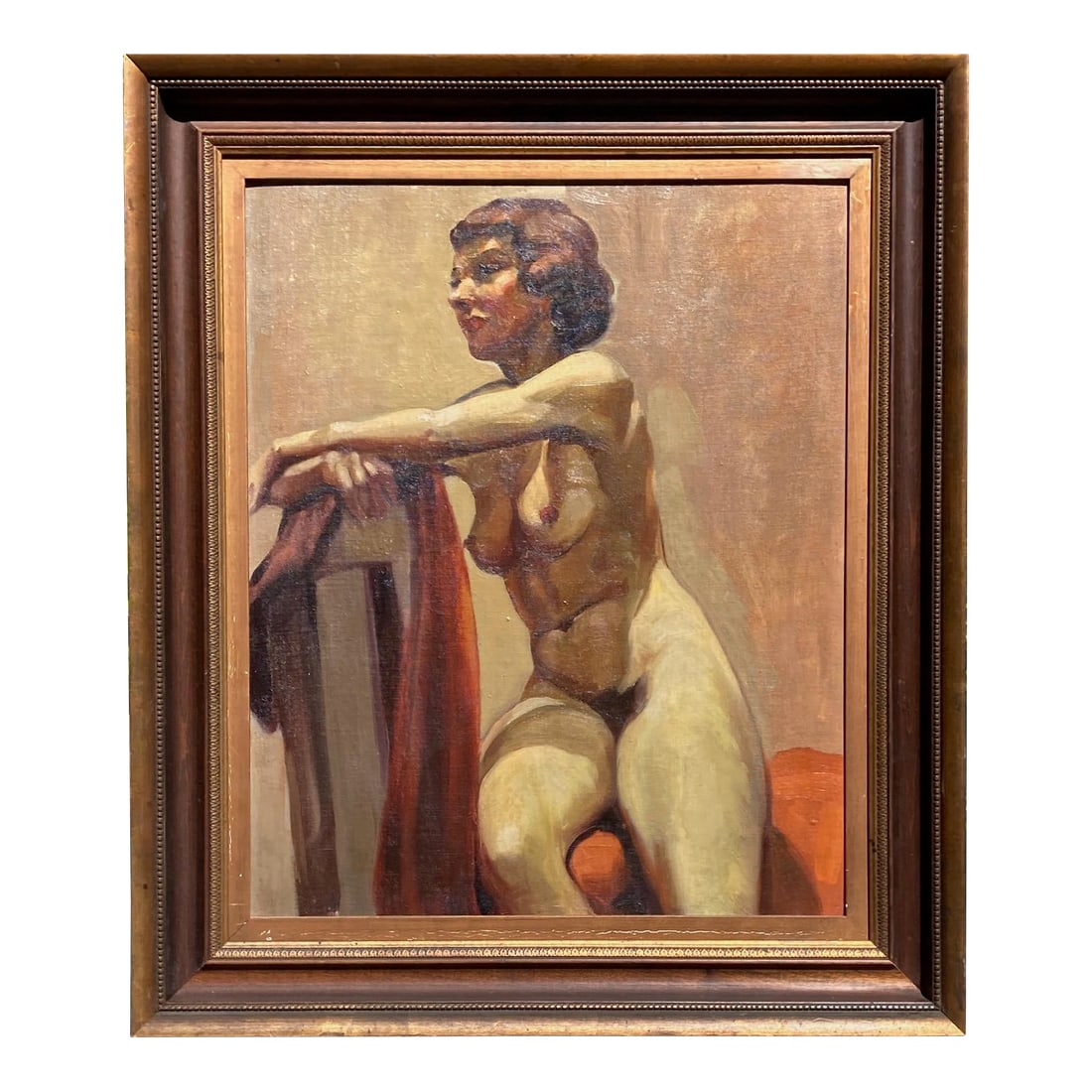 1940s Studio Portrait, 40s Female Nude Oil Painting on Canvas, Framed: Offering a formal studio portrait of a female nude -- the styling, model, and palette suggesting a 1940s time frame. Unsigned painting on canvas which is laid down on a board or plank. Minor losses to
