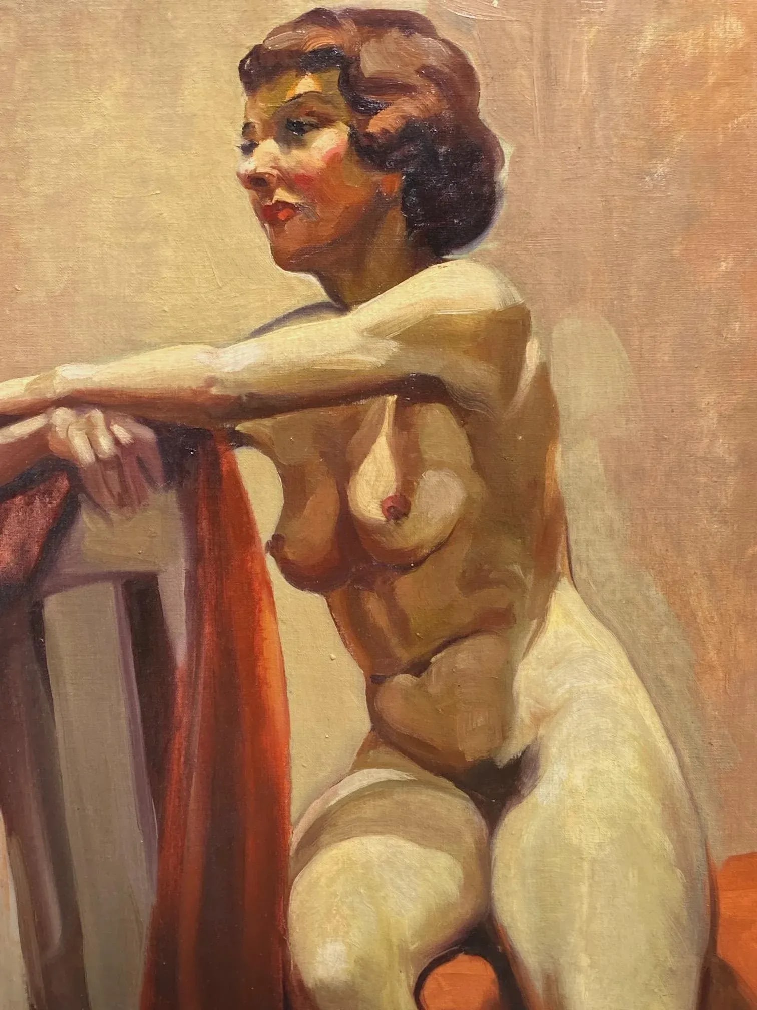 1940s Studio Portrait, 40s Female Nude Oil Painting on Canvas, Framed - 2