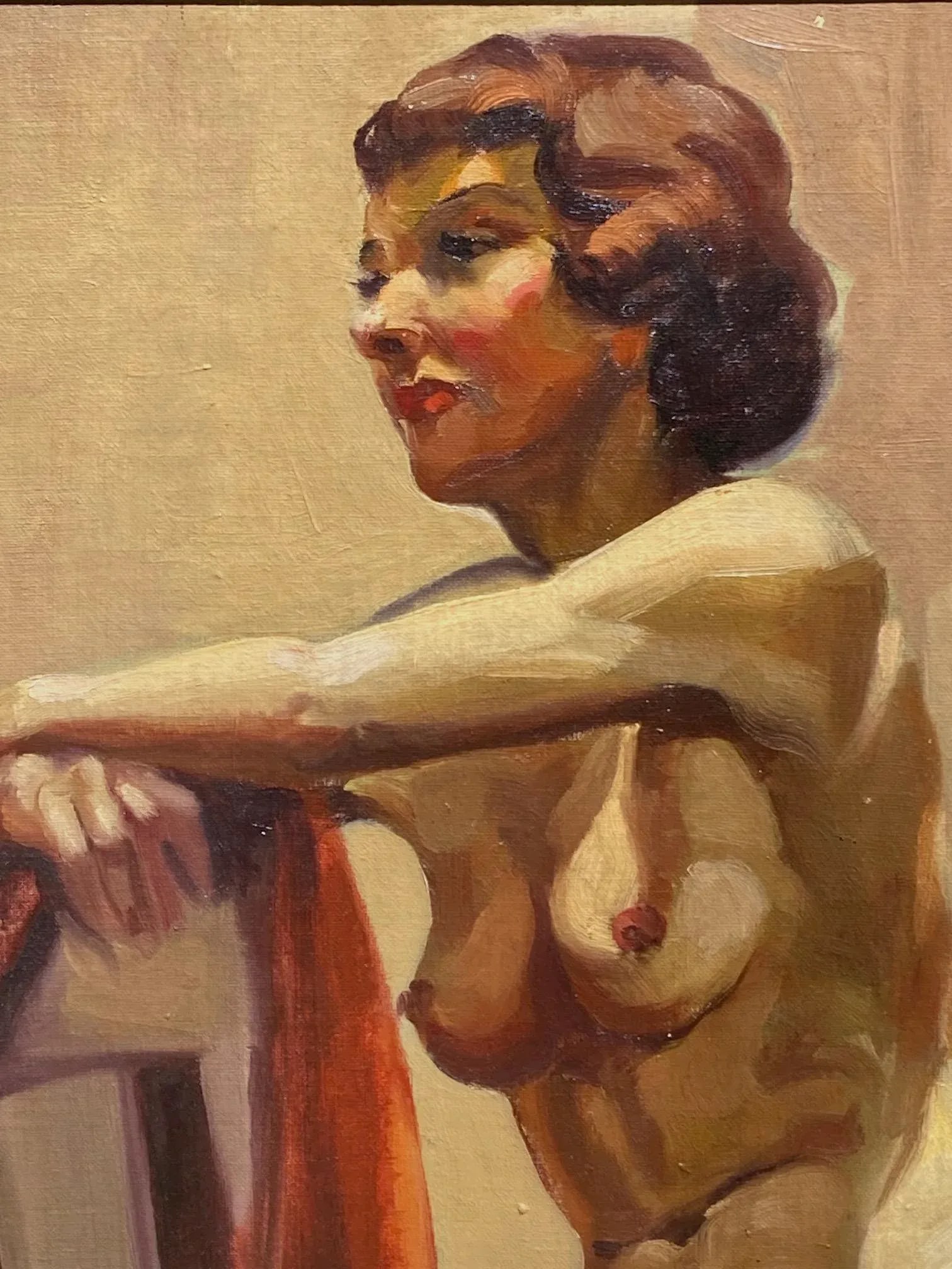 1940s Studio Portrait, 40s Female Nude Oil Painting on Canvas, Framed - 3