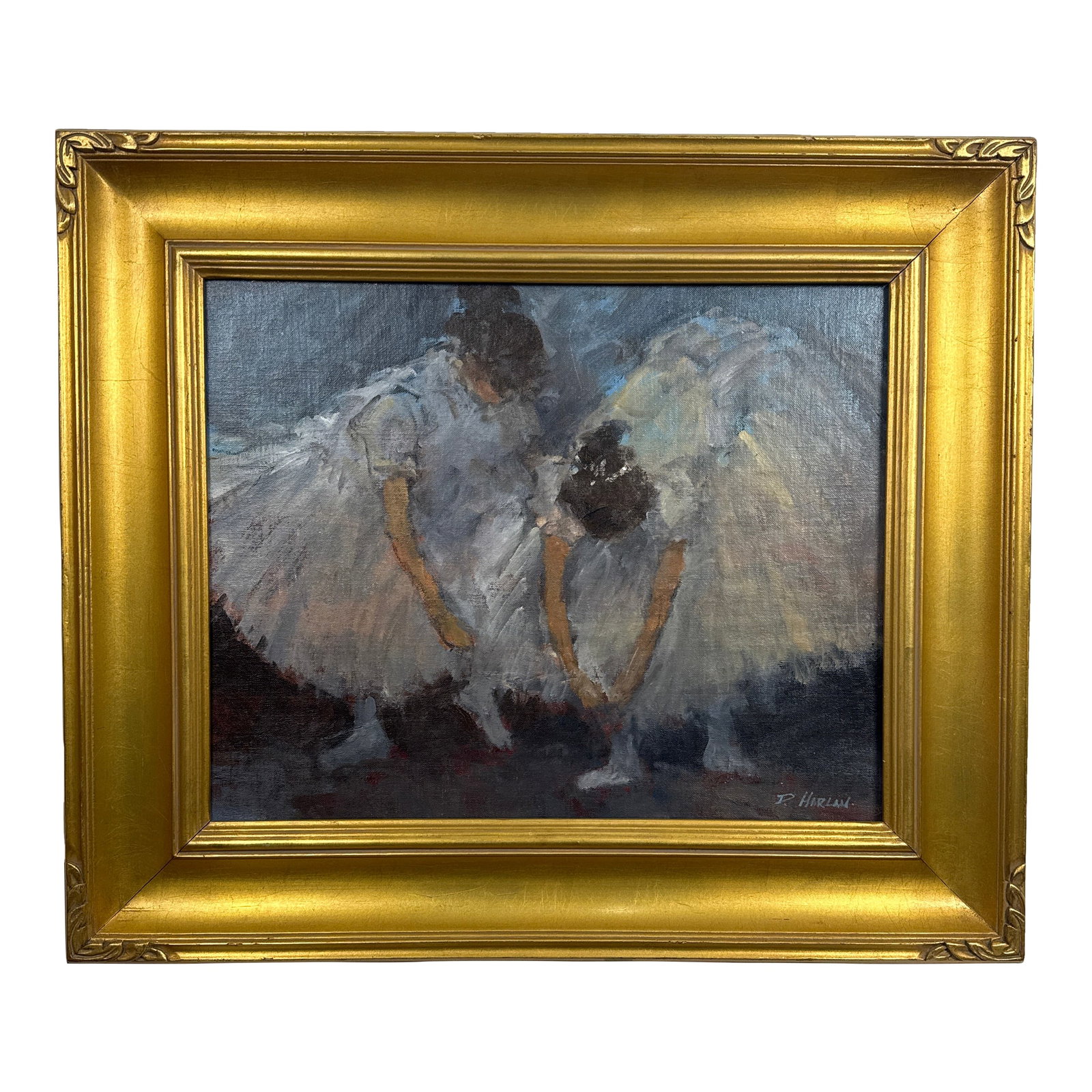David Harlan " Final Adjuments" Oil Painting: .A stunning painting by David Harlan, titled "Final Adjustment," captures the poignant moment when two young dancers delicately adjust the ribbons of their slippers before stepping onto the stage.