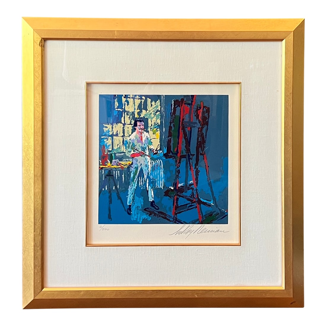 1990s LeRoy Neiman "Self Portrait" Hand Signed Limited Edition Serigraph, Framed: Self Portrait by LeRoy Neiman depicts the artist himself at work in his studio. In this piece, Neiman is standing in front of an easel with a canvas resting on it. He is dressed in all white with