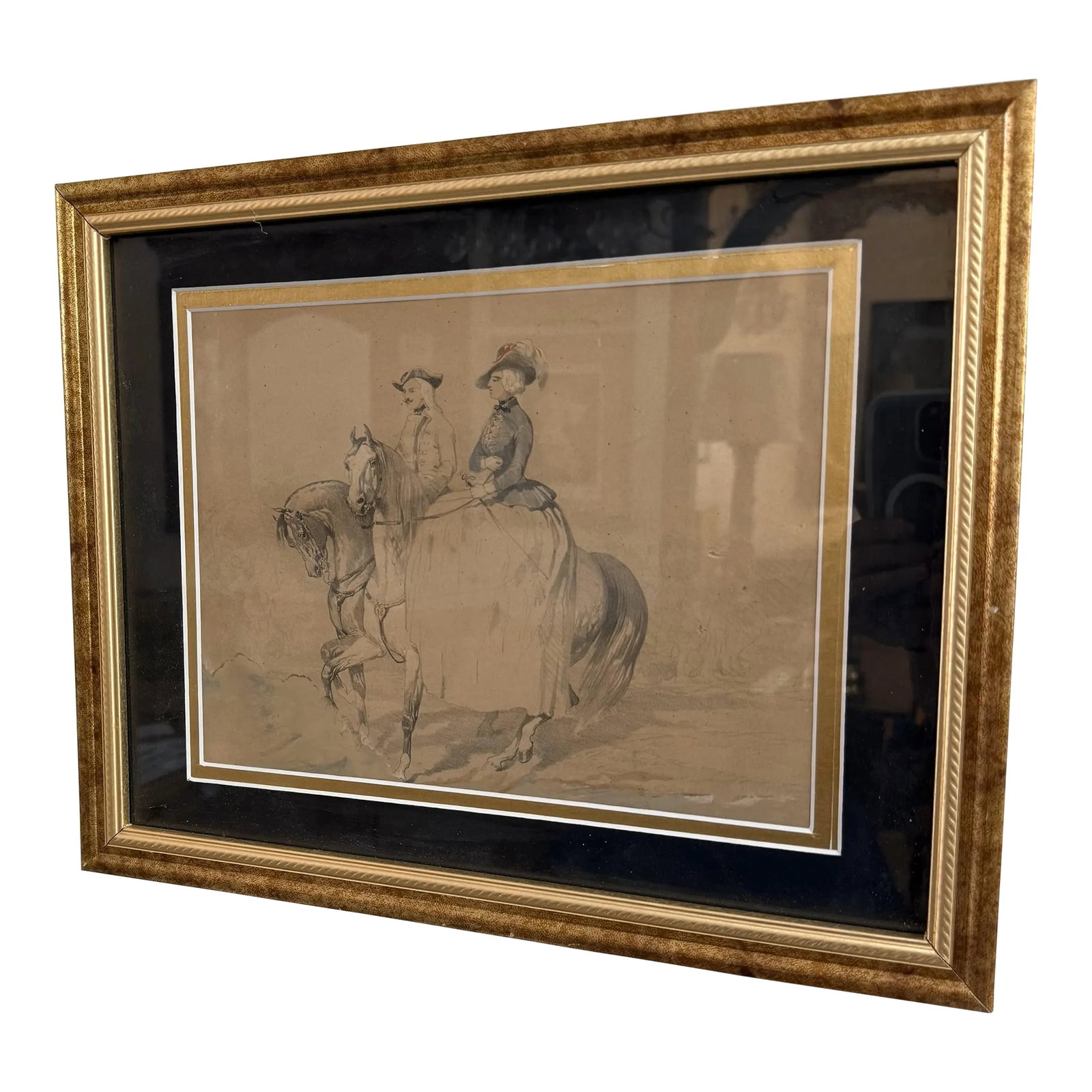 18th Century French Provincial Watercolor: 18th Century French Provincial Watercolor. Depicting a Lady and Gentleman riding horses in the original gilt frame, circa 1790. Pencil and watercolor on toned paper. Sight Size: 8" H x 10" L This