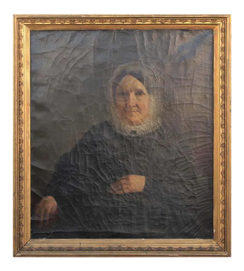Edward Ludlow Mooney Seated Realist Portrait of an Elderly Colonial Woman in a Black Dress and Bonne: This portrait depicts a seated colonial woman, painted in a realist style that can be compared to John Smibert. This painting has beautiful details such as the lace bonnet and jewelry that showcases