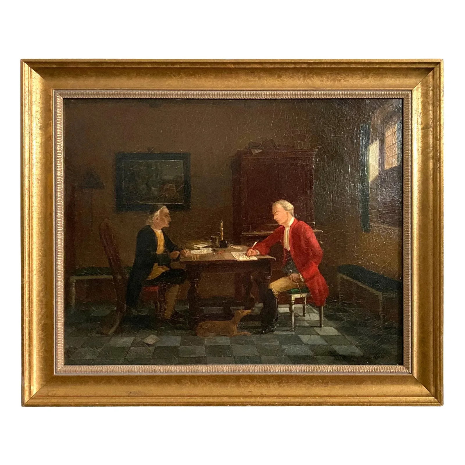 Mid 19th Century Figurative Interior Scene Oil Painting, Framed: A 19th century Continental Interior Genre scene depicting two gentlemen seated at a table signing documents. At their feet is a dog in a recumbent pose on a checkered stone floor. One of the men is