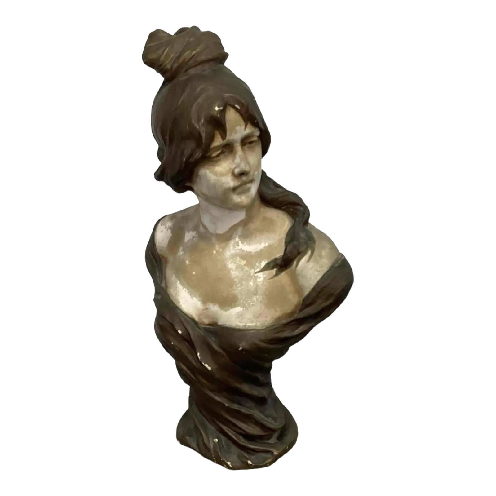 19th Century French, One-of-a-Kind Terracotta Bust Sculpture, Signed/Stamped Nelson/Goldscheider: For your consideration. . . An exquisite one-of-a-kind French bust sculpture of a young woman, signed/stamped. This fabulous sculpture depicts a young maiden with her head turned, her flowing hair is