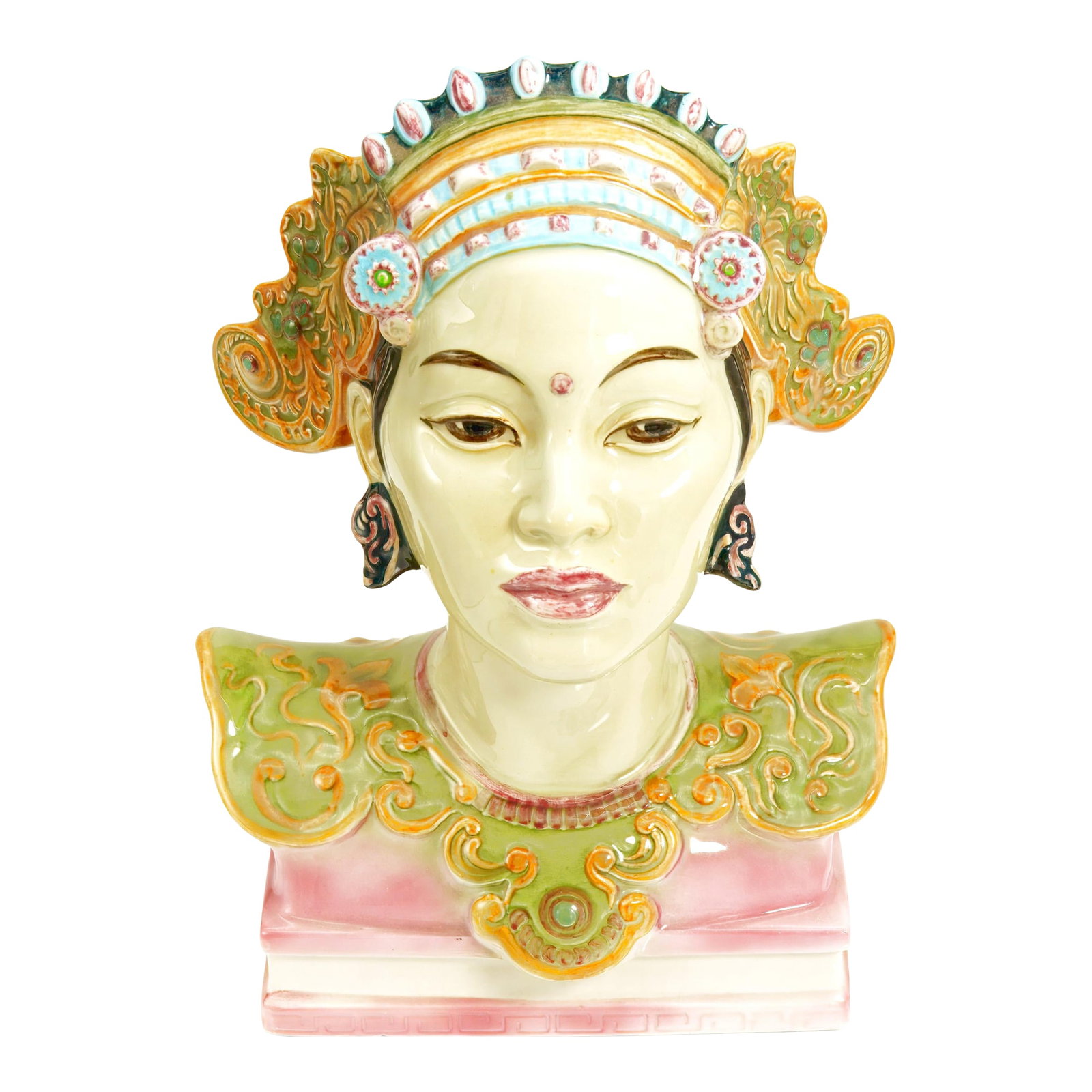 Signed 1940s Goldscheider "Bali Head" Porcelain Bust (12.5") - Maximalist Polychrome Sculpture for G: Handcrafted by renowned sculptor Helen Liedloff for Goldscheider-Everlast Corporation, this exotic Balinese dancer captures 1940s American fascination with Oriental artistry. The luminous polychrome