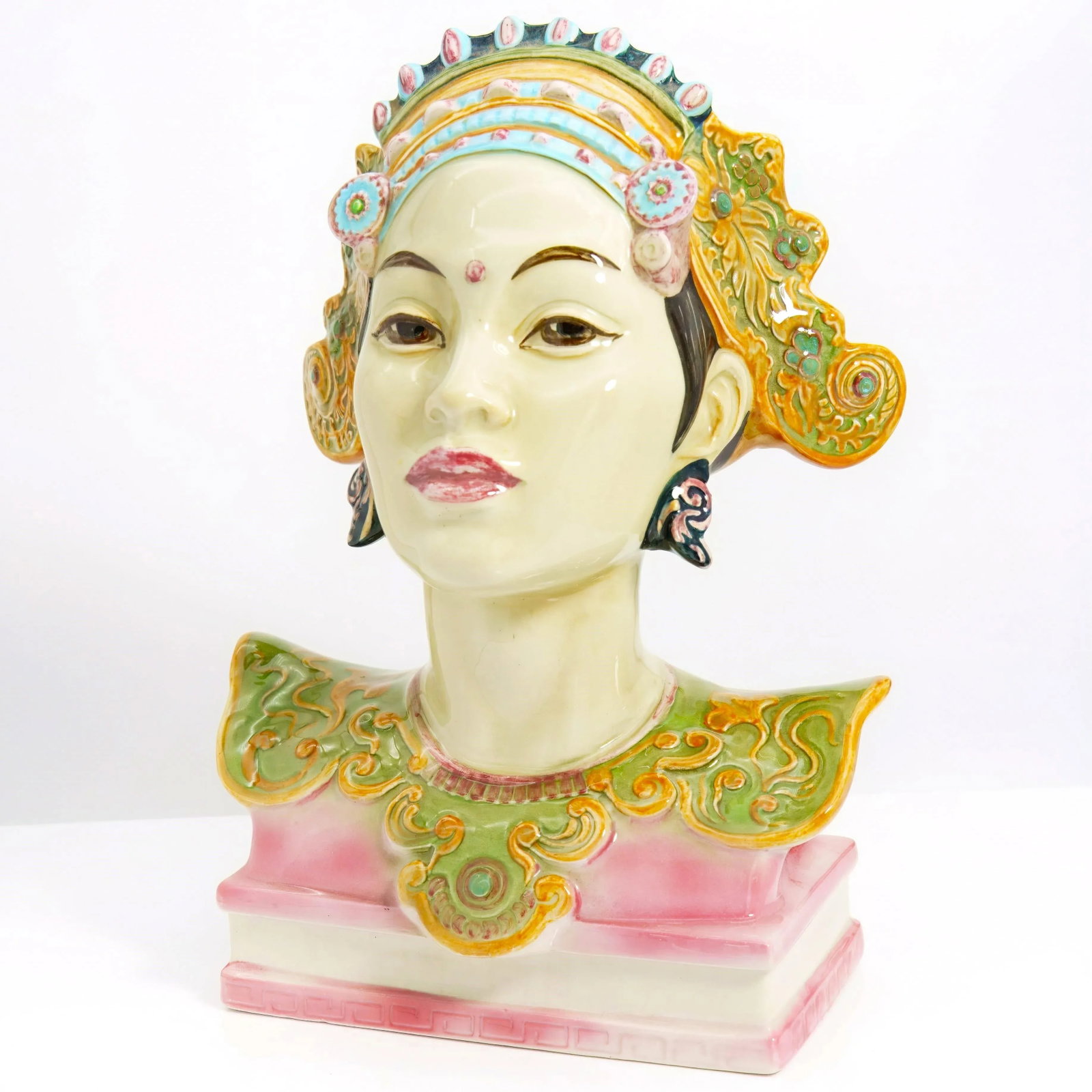 Signed 1940s Goldscheider "Bali Head" Porcelain Bust (12.5") - Maximalist Polychrome Sculpture for G - 2