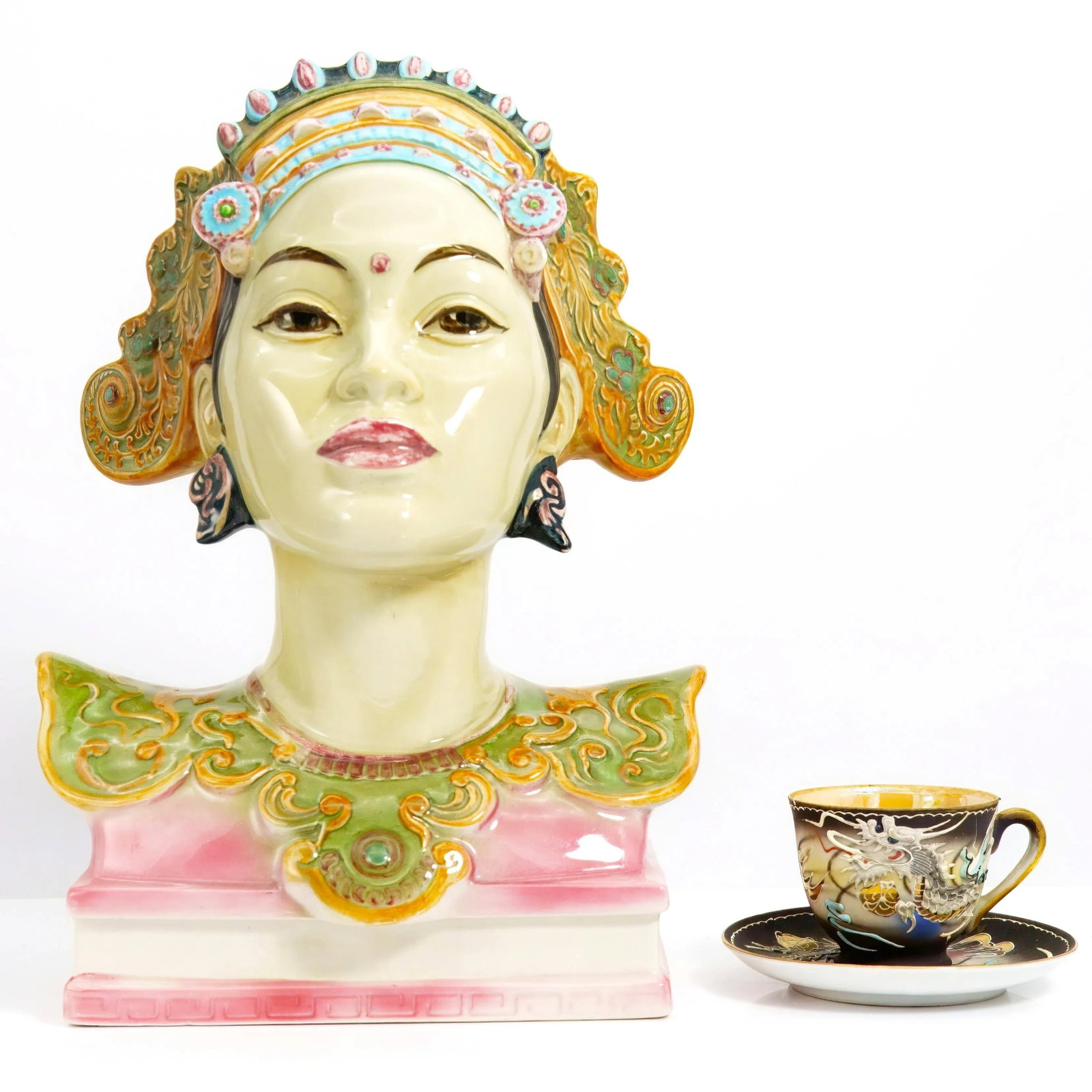 Signed 1940s Goldscheider "Bali Head" Porcelain Bust (12.5") - Maximalist Polychrome Sculpture for G - 8