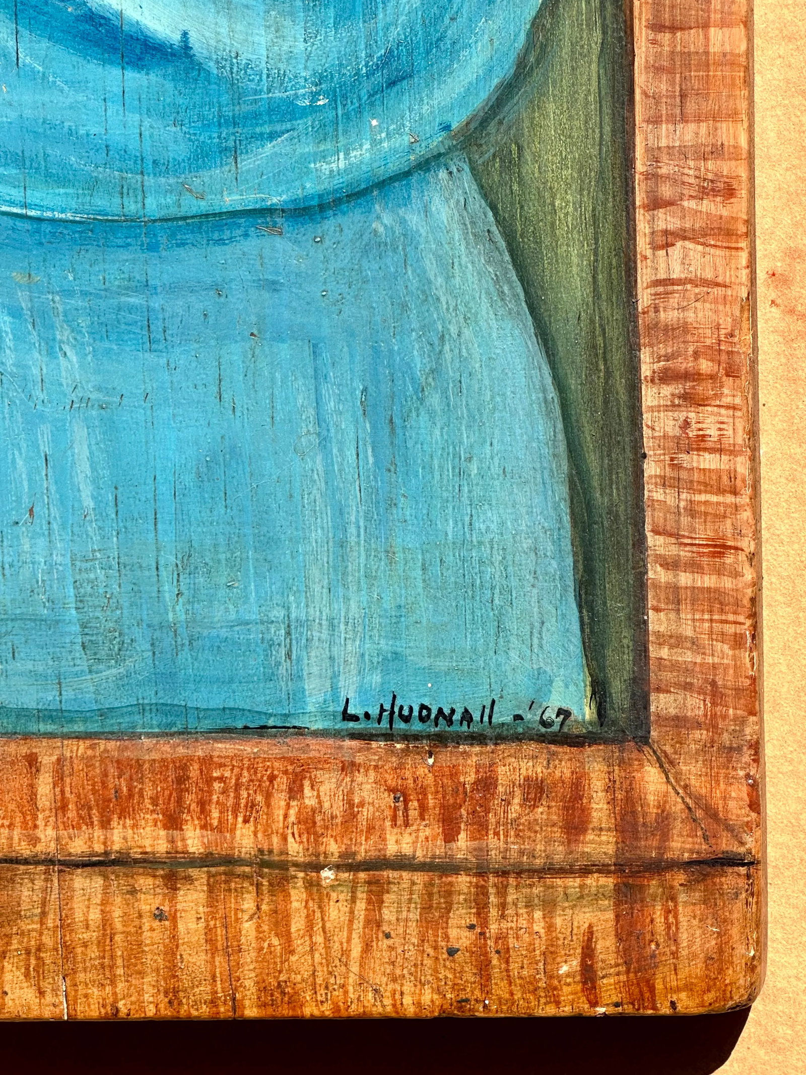 Original Vintage Signed Folk Art Portrait Painting on Wood Panel - 11