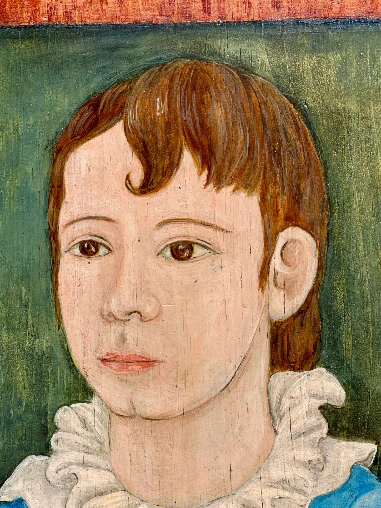 Original Vintage Signed Folk Art Portrait Painting on Wood Panel - 13